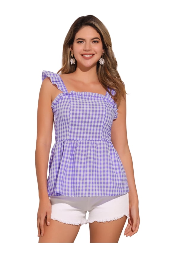 Women's Summer Square Neck Sleeveless Plaid Blouse M Purple