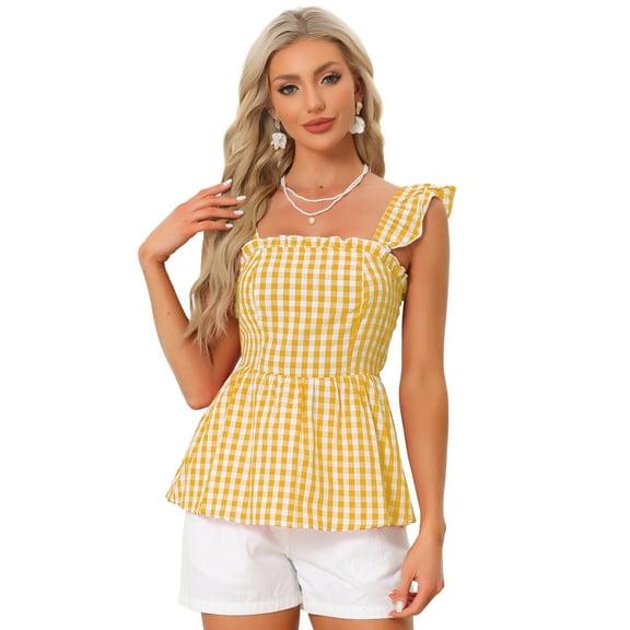 DARING DIVA Women's Summer Square Neck Sleeveless Plaid Blouse XL Yellow