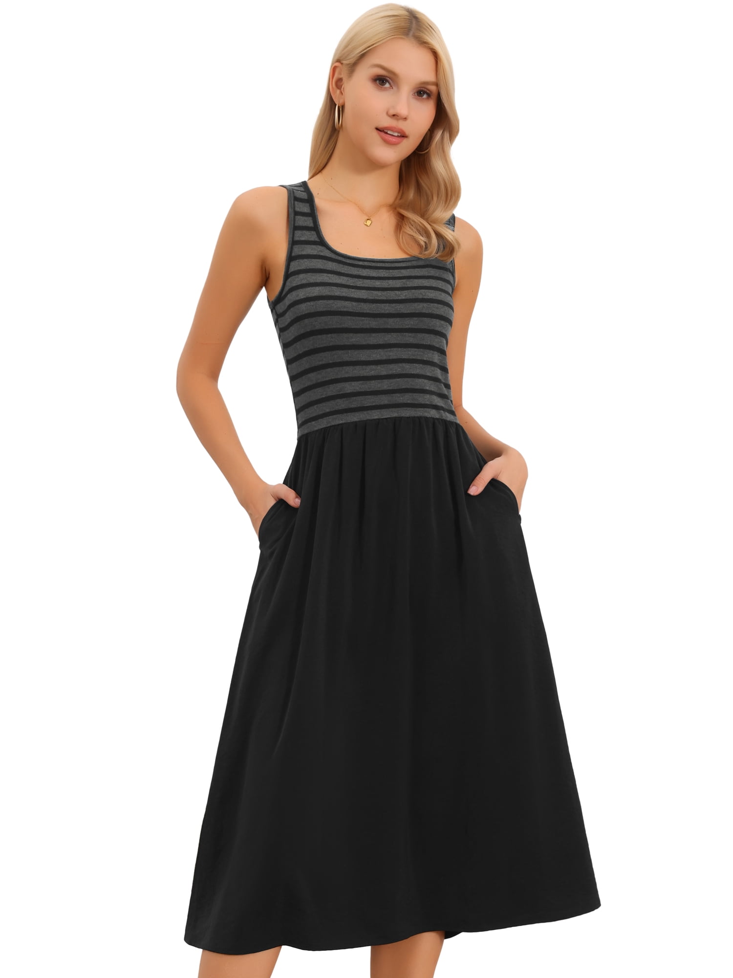 DARING DIVA Women's Summer Striped Patchwork Sleeveless A-Line Dress XS Black