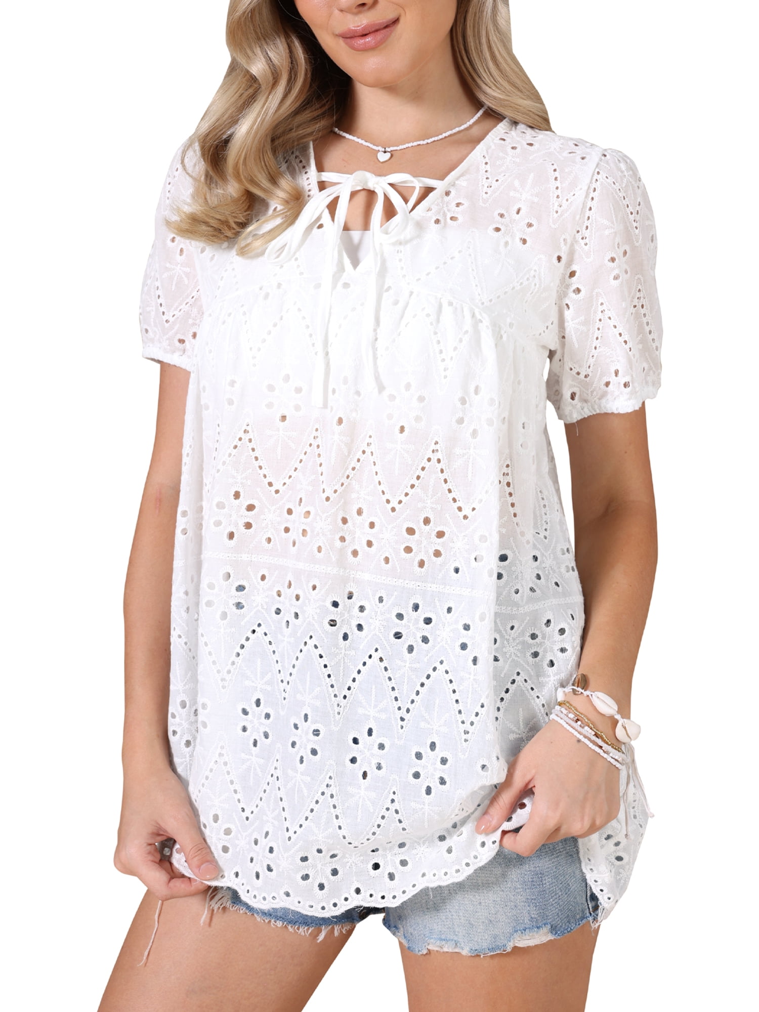 DARING DIVA Women's Summer Tops Puff Short Sleeve V Neck Hollow Out Top Shirts L White
