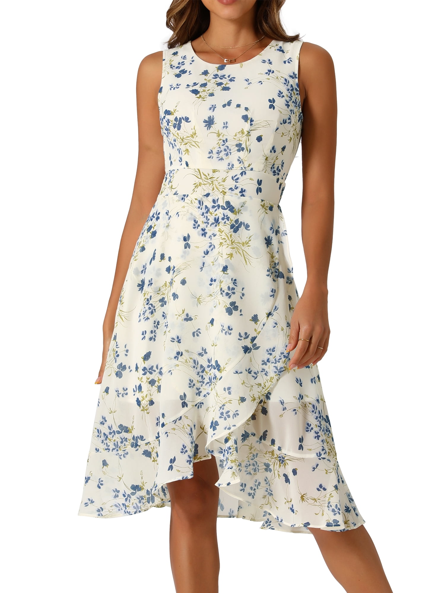 DARING DIVA Women's Summer Wrap Round Neck Keyhole Back Dresses M Beige-Blue Floral