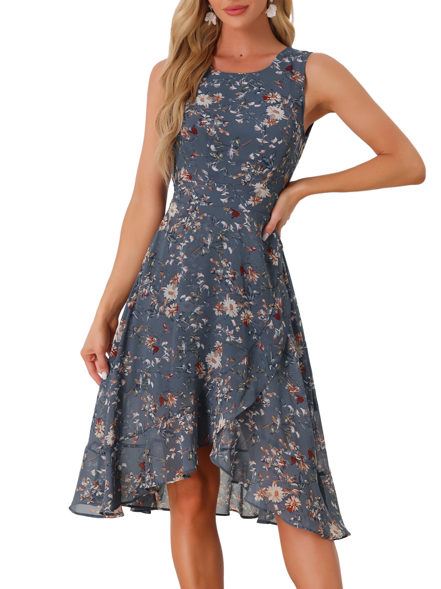 DARING DIVA Women's Summer Wrap Round Neck Keyhole Back Dresses M Blue Grey