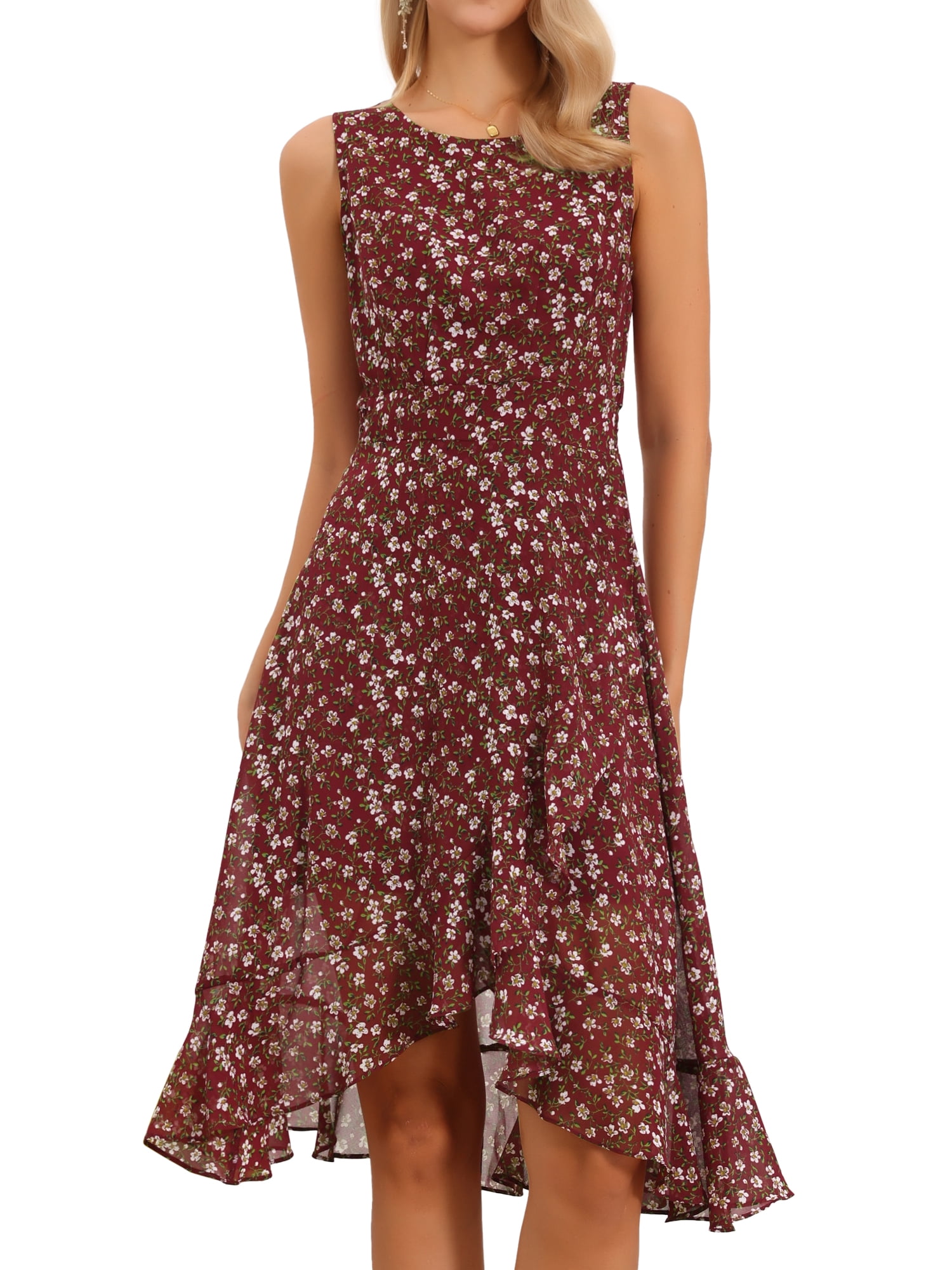 DARING DIVA Women's Summer Wrap Round Neck Keyhole Back Dresses S Wine Red