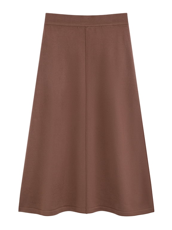 Women's Sweater A Line Elastic High Waist Stretchy Midi Skirt L Coffee
