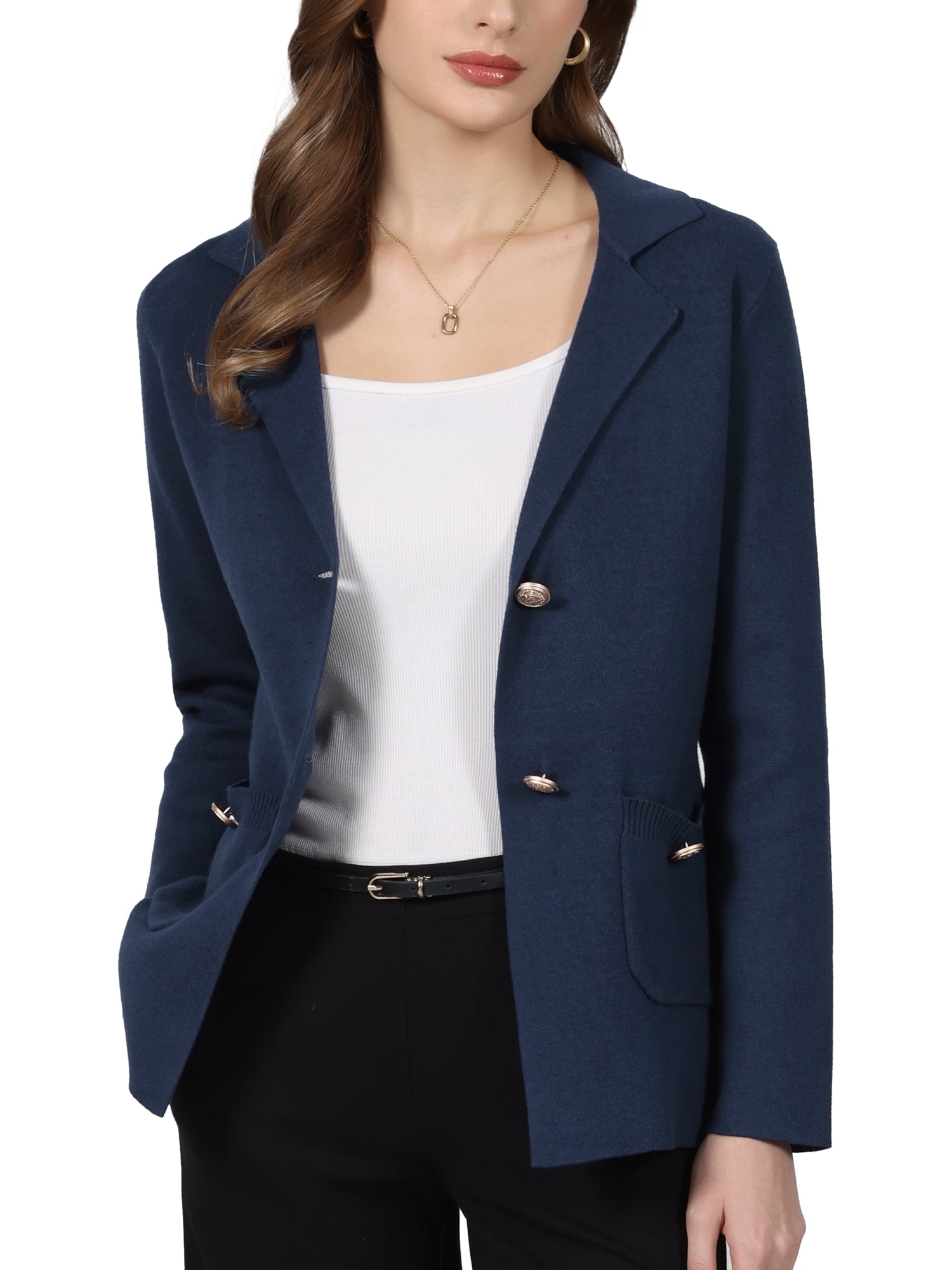 DARING DIVA Women's Sweater Blazer Lapel Knit Pockets Blazer L Navy Blue