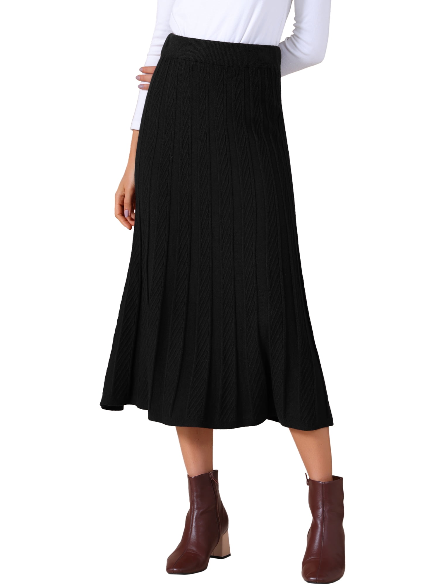 DARING DIVA Women's Sweater Pleated A Line Knit Midi Skirt Large Black