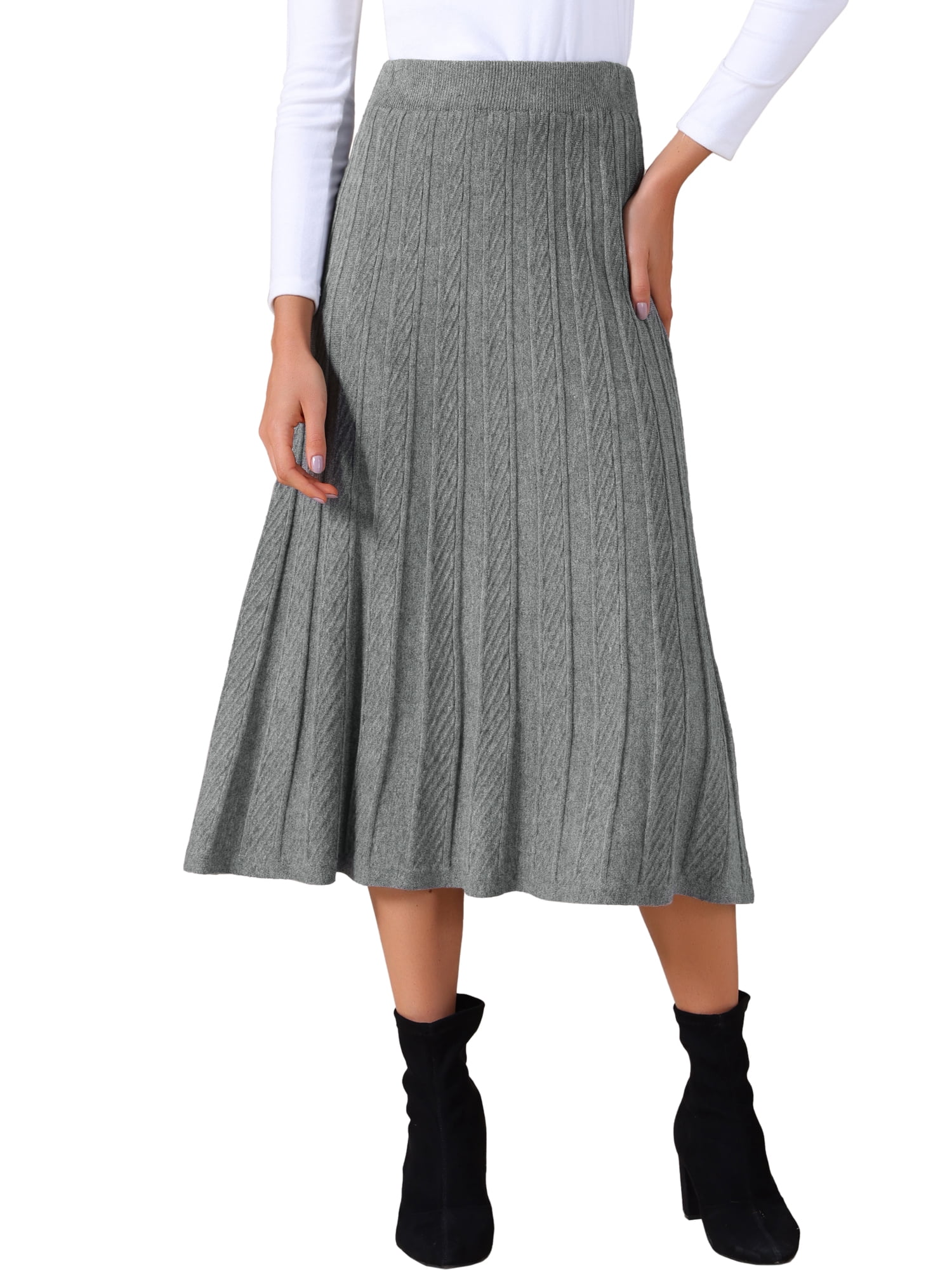 DARING DIVA Women's Sweater Pleated A Line Knit Midi Skirt Large Grey