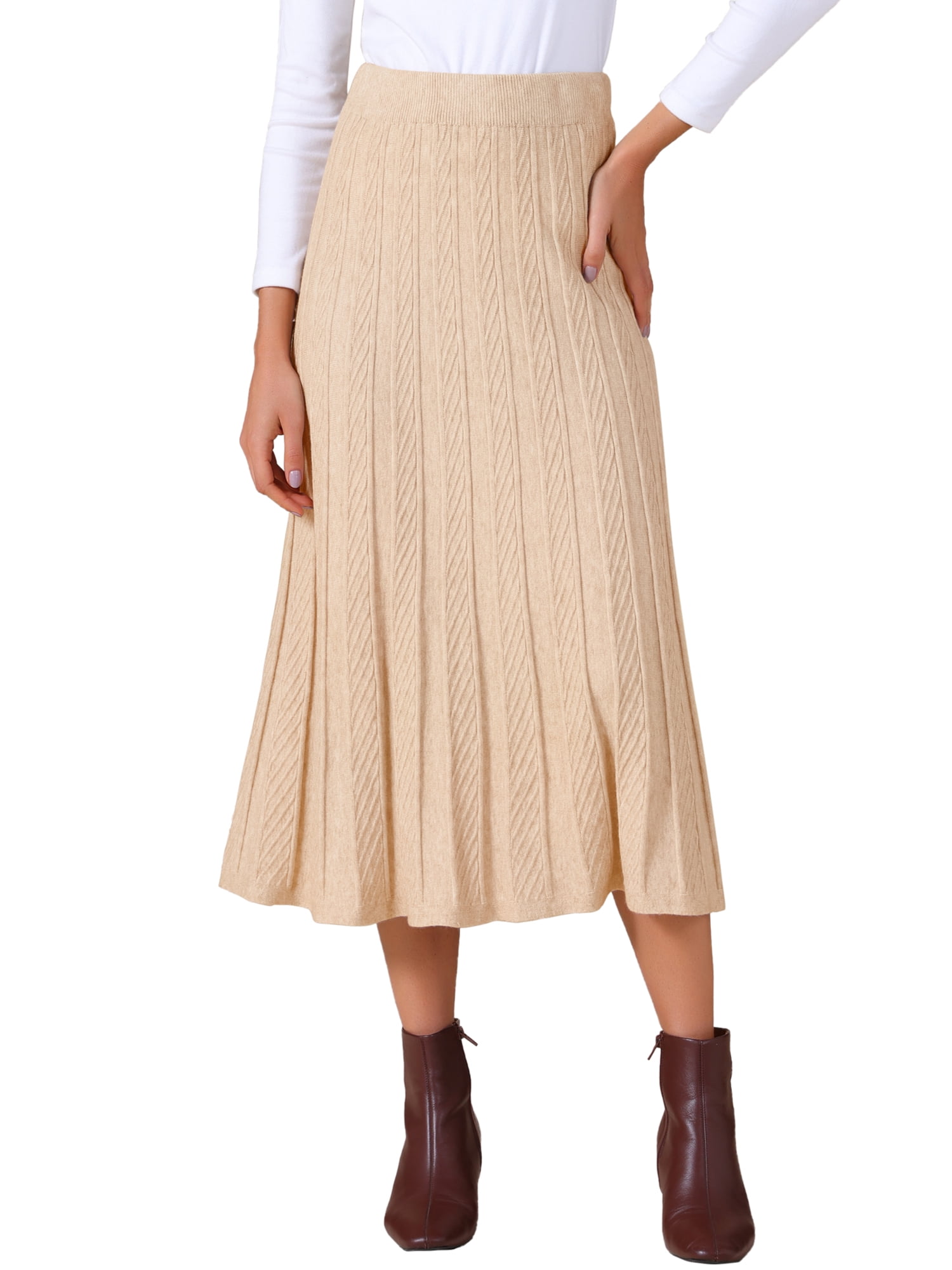 DARING DIVA Women's Sweater Pleated A Line Knit Midi Skirt Large Khaki