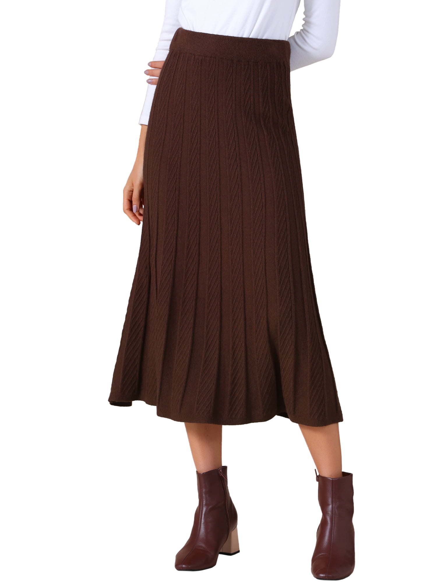 DARING DIVA Women's Sweater Pleated A Line Knit Midi Skirt Small Brown
