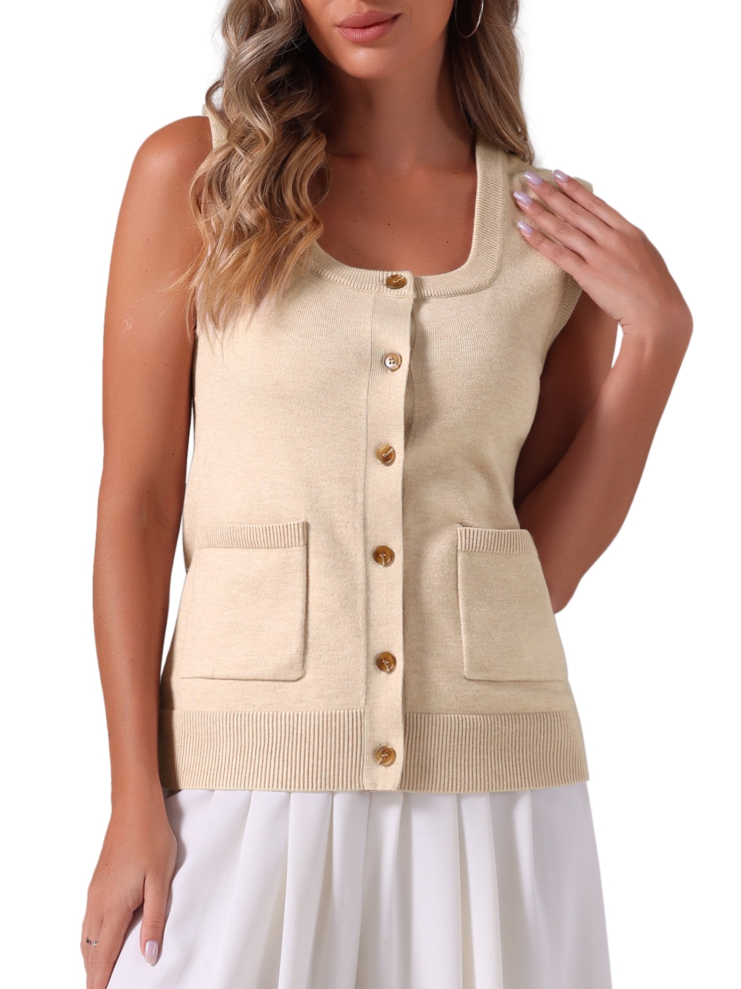 DARING DIVA Women's Sweater Vest Button Ribbed Knitted Tank Top XL Apricot
