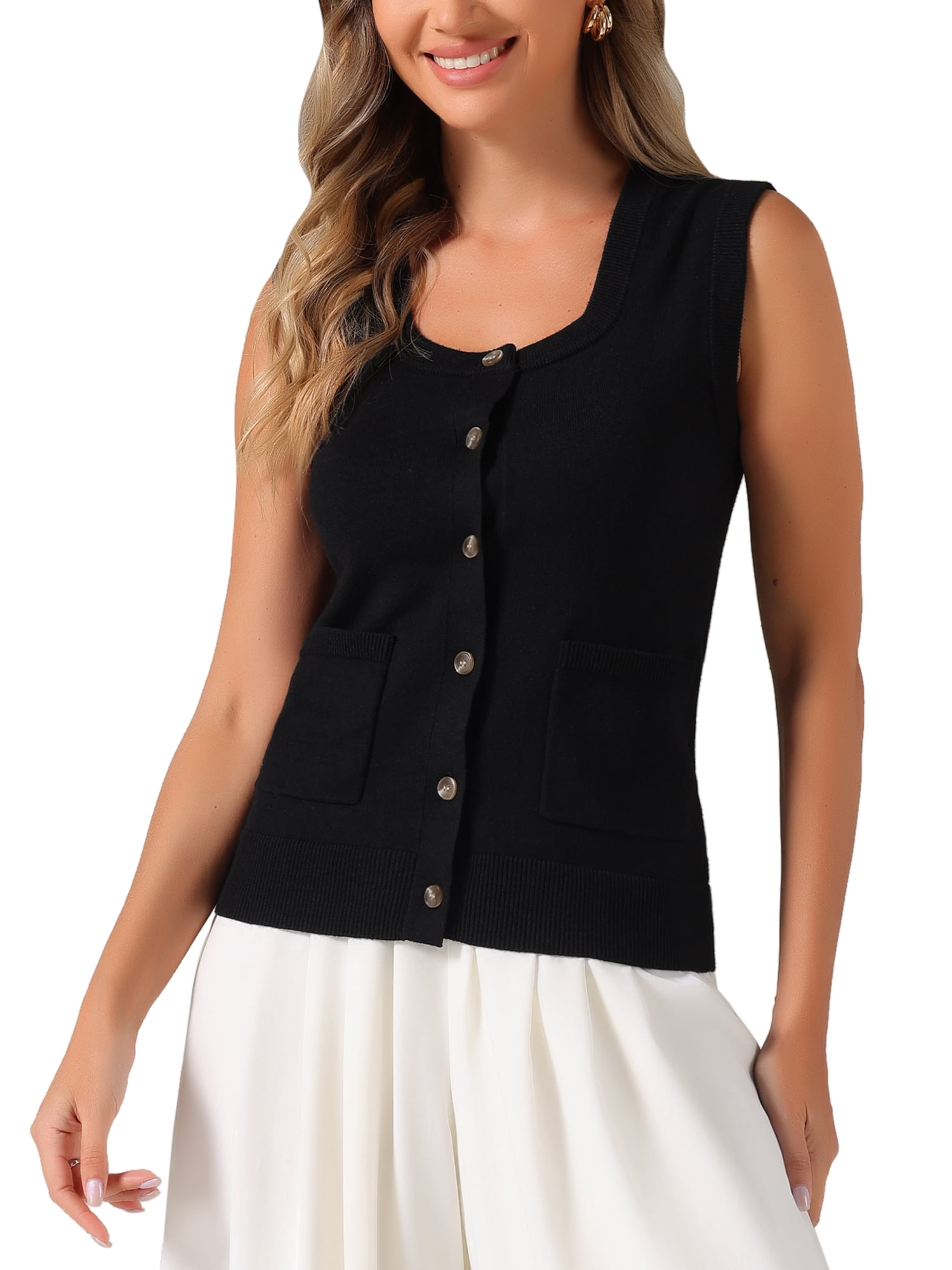 DARING DIVA Women's Sweater Vest Button Ribbed Knitted Tank Top XL Black