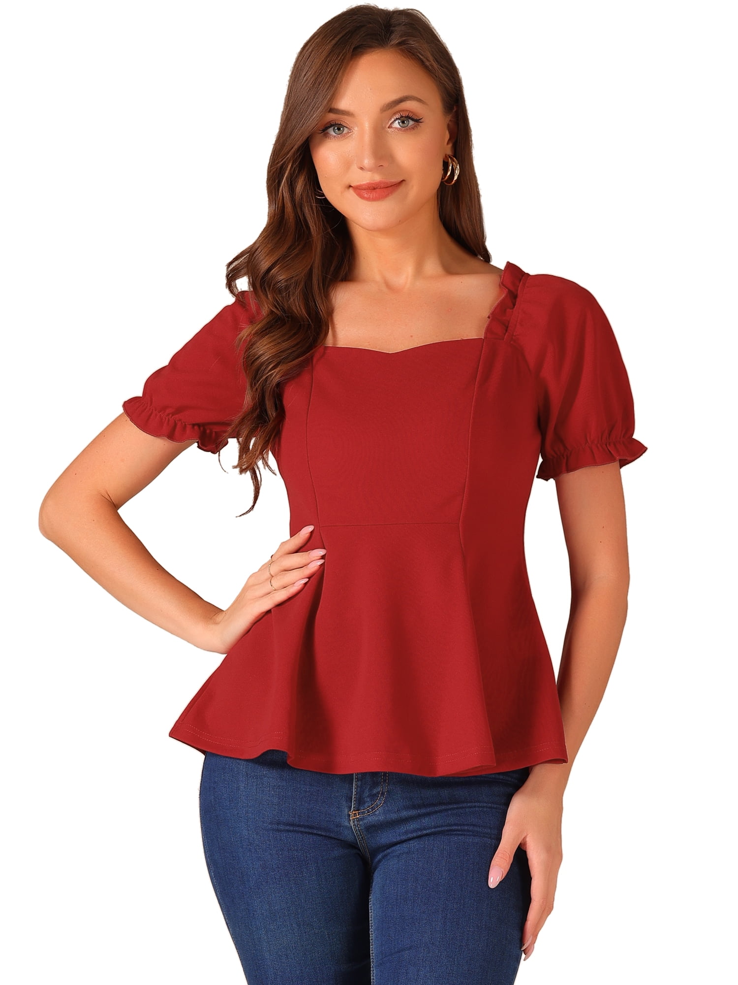 DARING DIVA Women's Sweetheart Neck Puff Sleeve Ruffle Peplum Blouses S Red