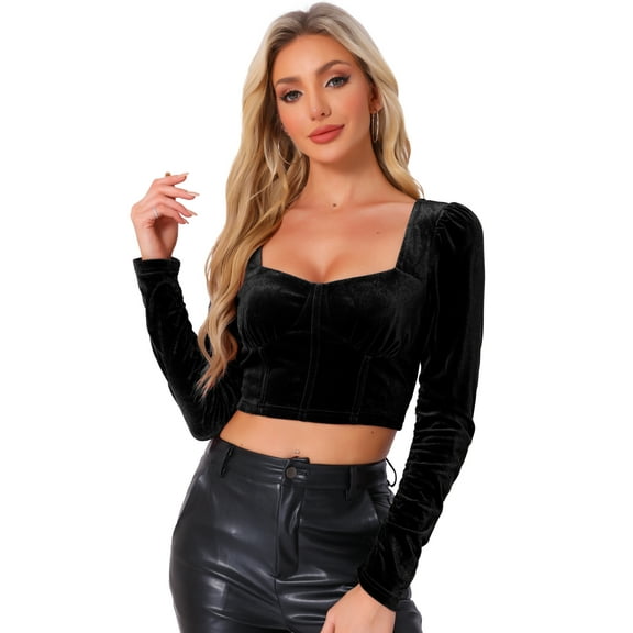 DARING DIVA Women's Sweetheart Neck Ruched Sleeve Velvet Crop Tops XL Black