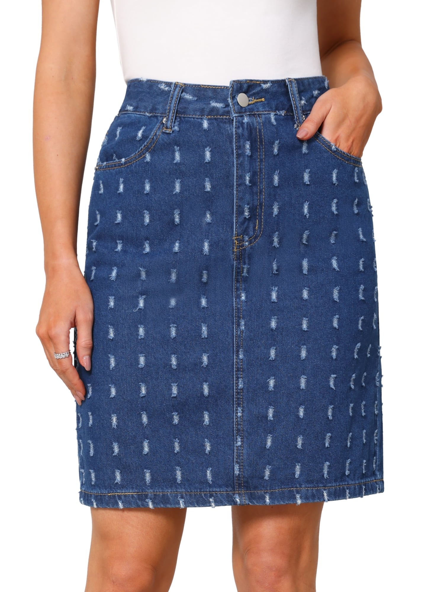 DARING DIVA Women's Swiss Dots Above Knee Length Denim Skirt Large Dark Blue