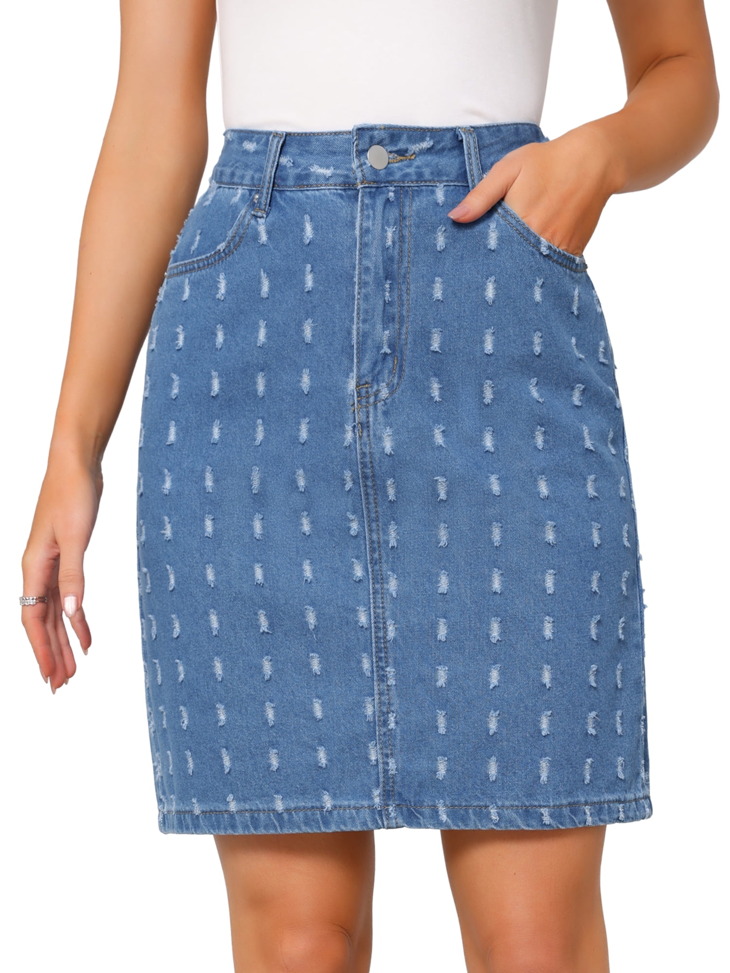 DARING DIVA Women's Swiss Dots Above Knee Length Denim Skirt X-Large Blue