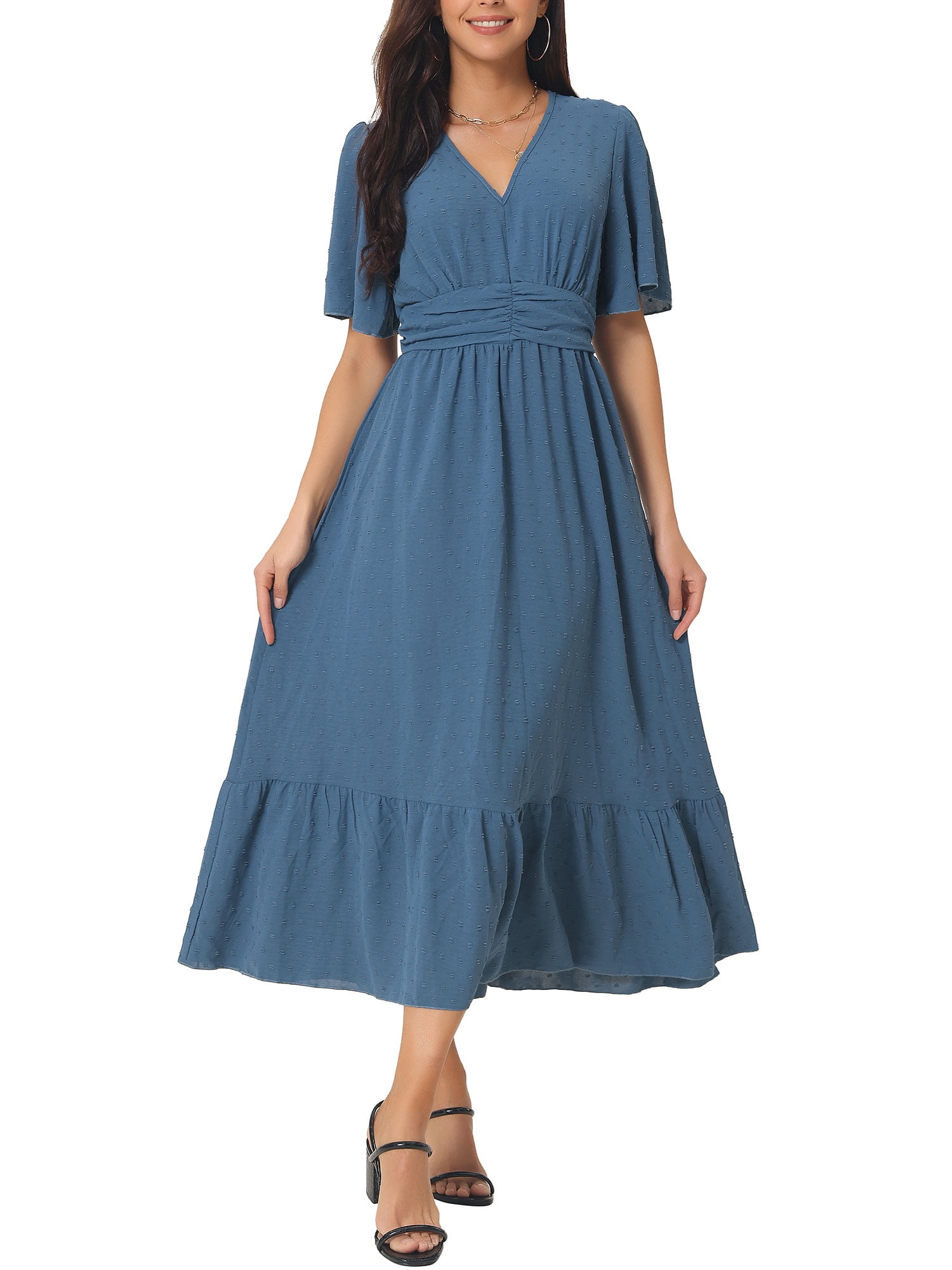 DARING DIVA Women's Swiss Dots Ruffle Midi Dresses M Blue
