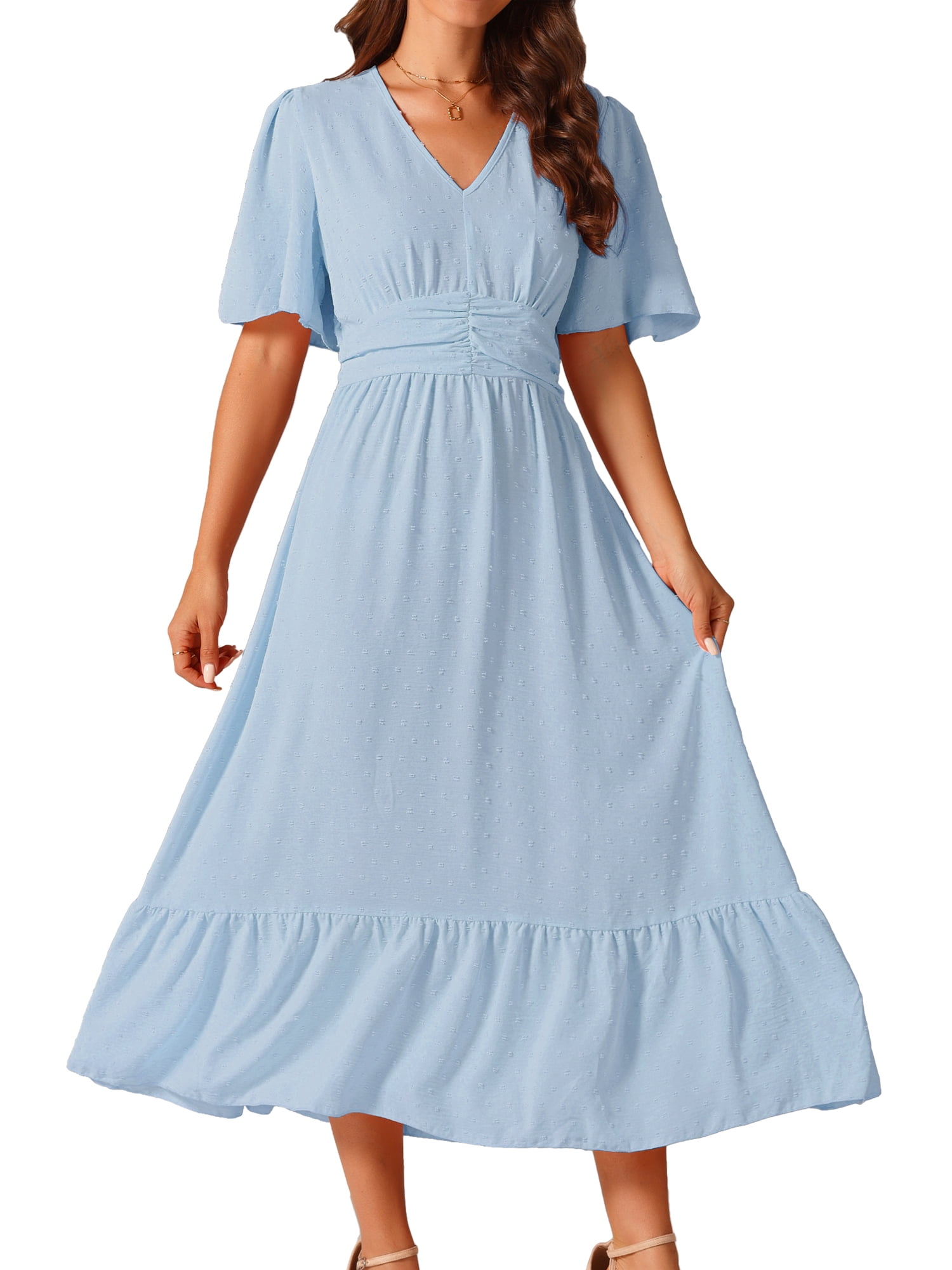 DARING DIVA Women's Swiss Dots Ruffle Midi Dresses M Light Blue