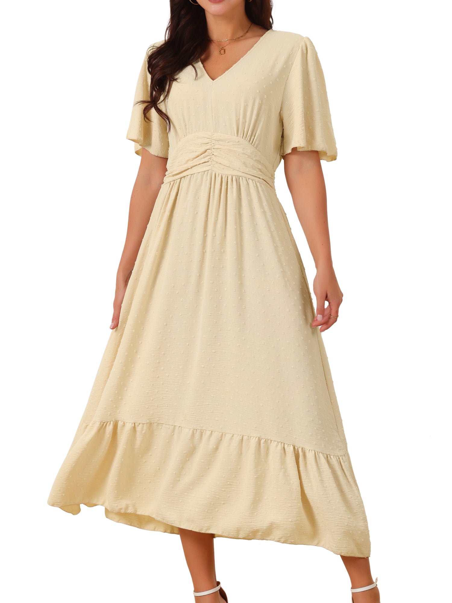 DARING DIVA Women's Swiss Dots Ruffle Midi Dresses S Apricot