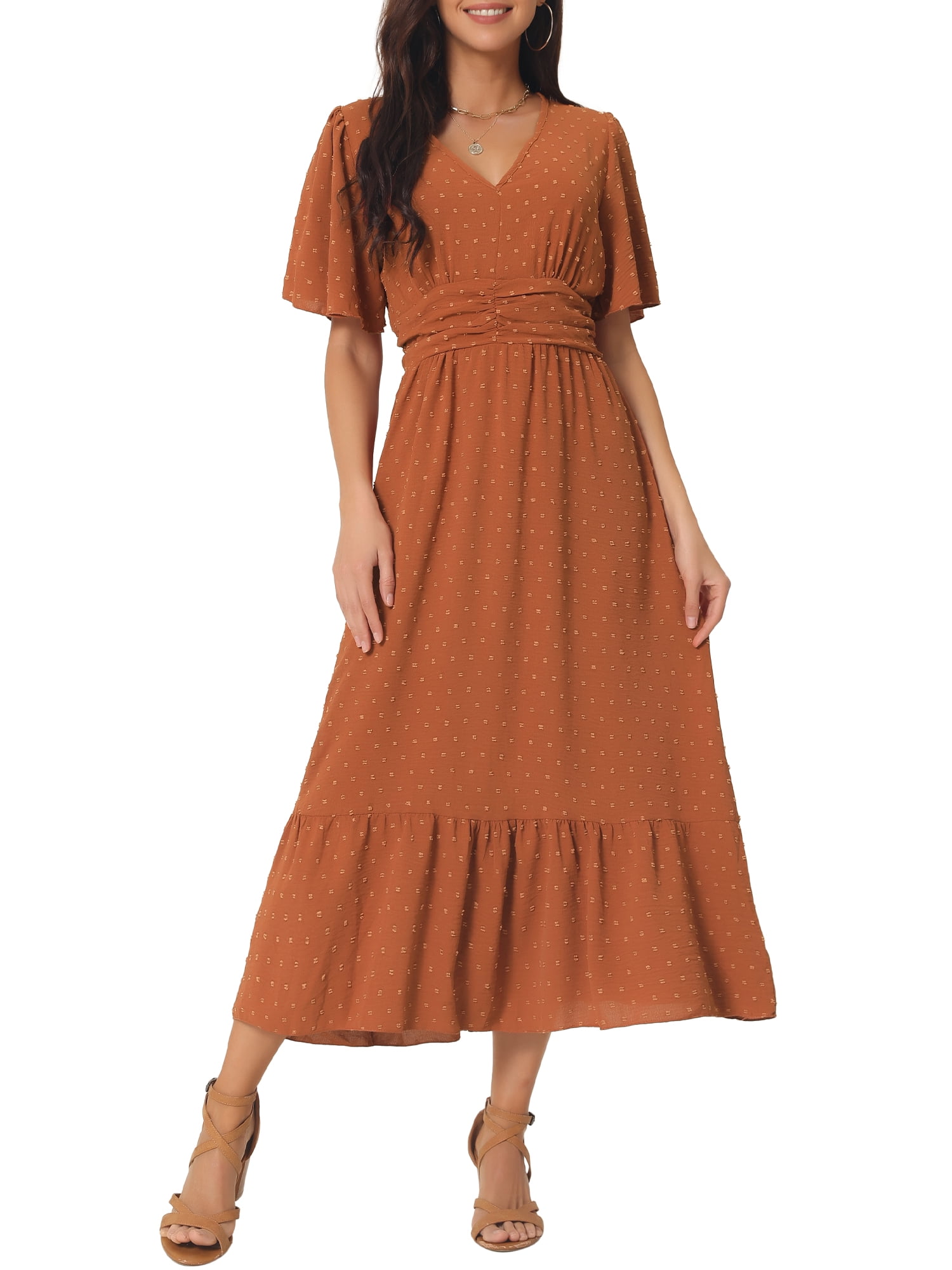 DARING DIVA Women's Swiss Dots Ruffle Midi Dresses S Caramel