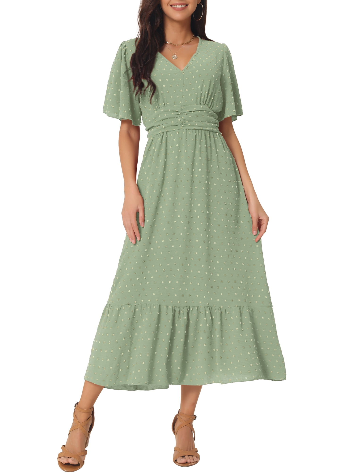 DARING DIVA Women's Swiss Dots Ruffle Midi Dresses S Light Green