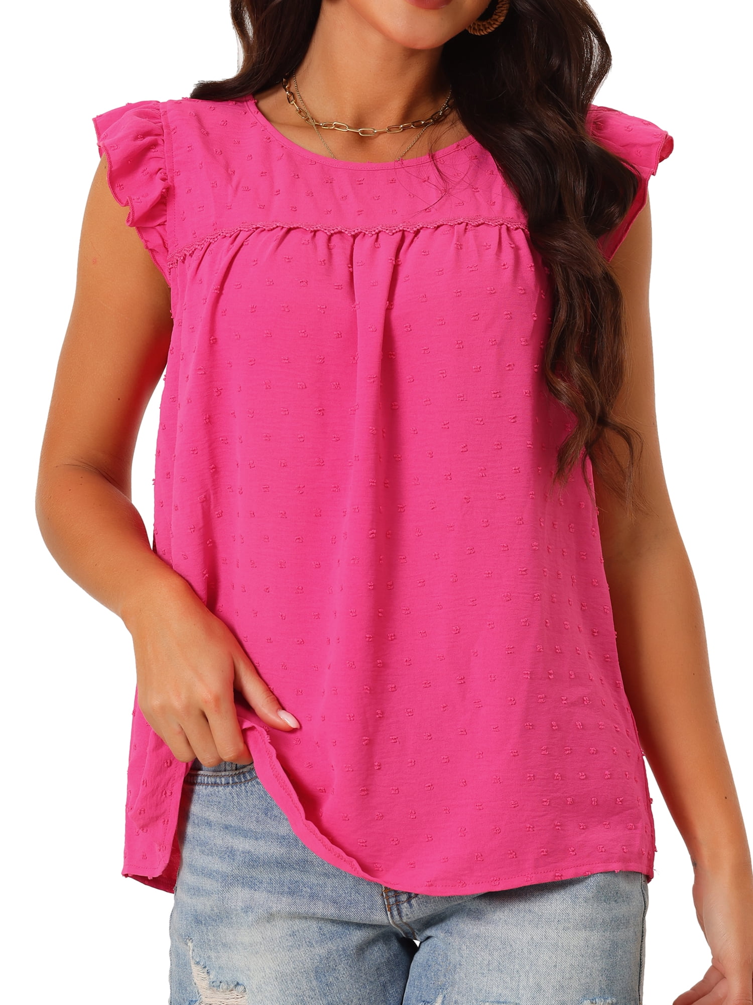 DARING DIVA Women's Swiss Dots Ruffle Sleeveless Crewneck Blouse Shirt S Hot Pink