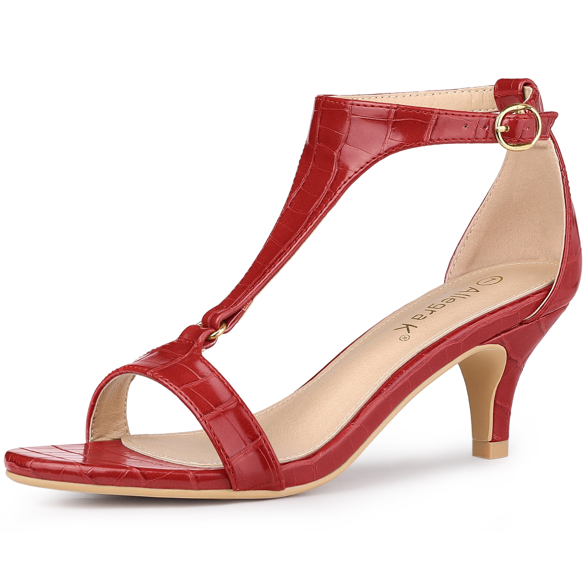 DARING DIVA Women's T Strap Embossed Kitten Heel Sandals Red 7