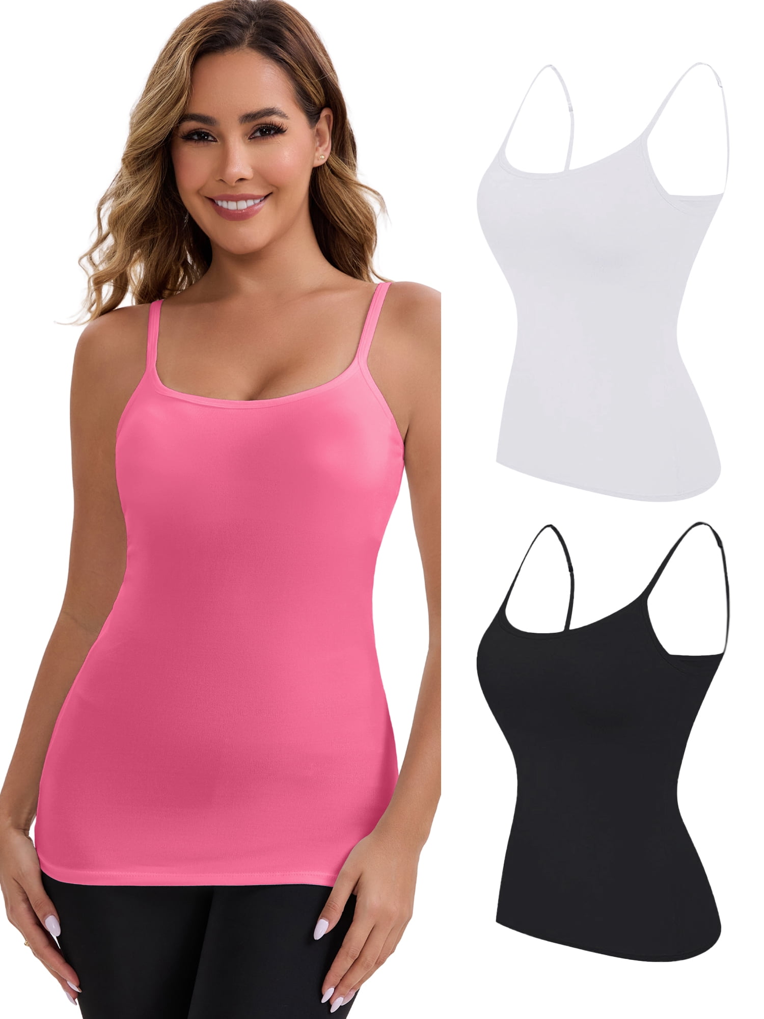 DARING DIVA Women's Modal Adjustable Straps Cami Tank Top 3-Pack L Rose Red, White, Black