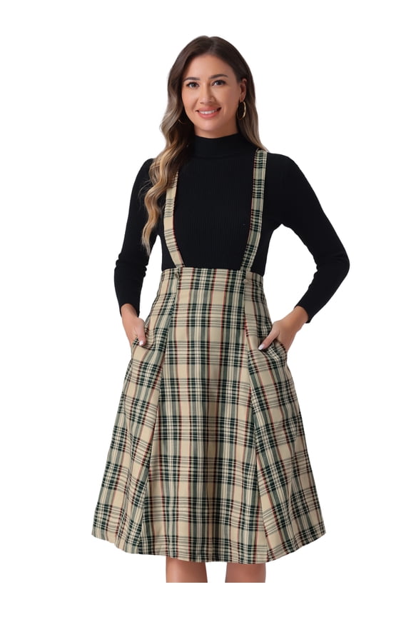 Women's Tartan Pinafore Overall Plaid Suspender Skirt L Khaki