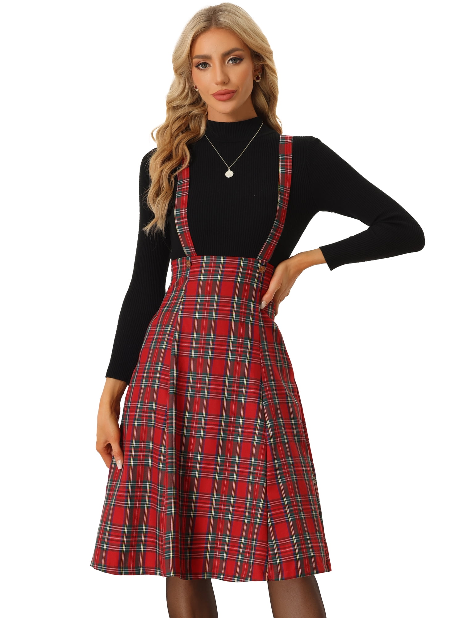 DARING DIVA Women's Tartan Pinafore Overall Plaid Suspender Skirt M Red