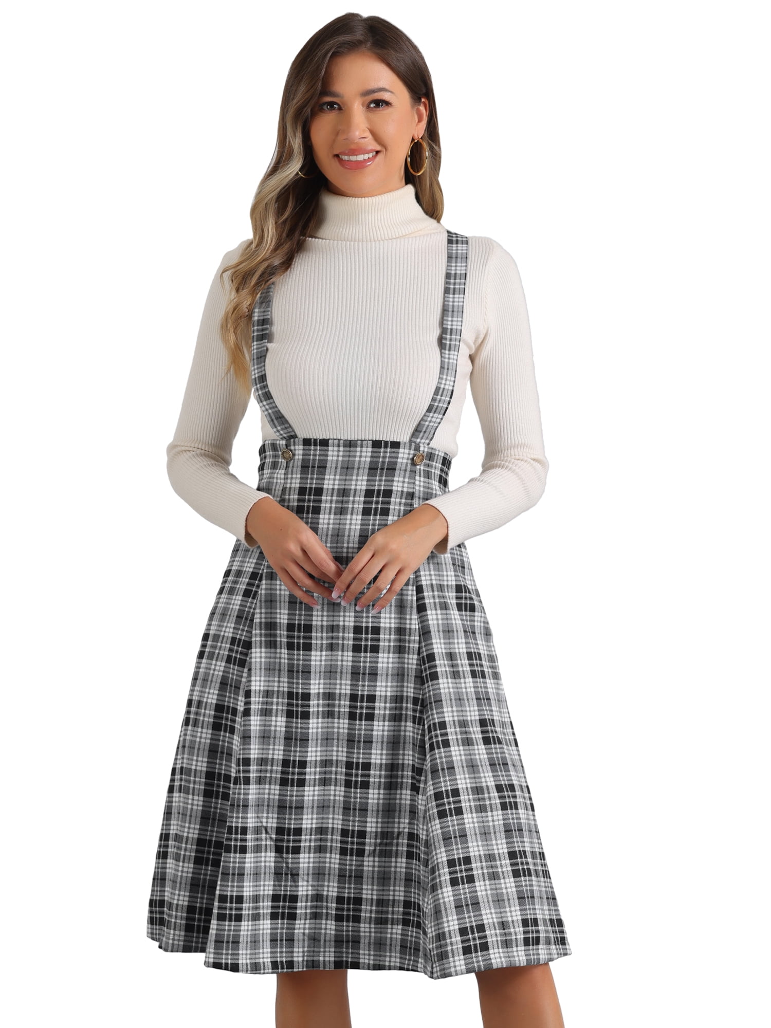 DARING DIVA Women's Tartan Pinafore Plaid Midi Suspender Skirt M Black