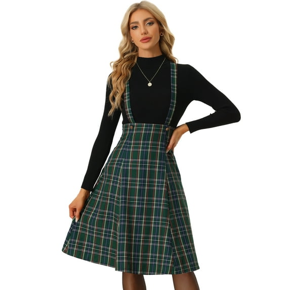 DARING DIVA Women's Tartan Pinafore Plaid Midi Suspender Skirt M Green