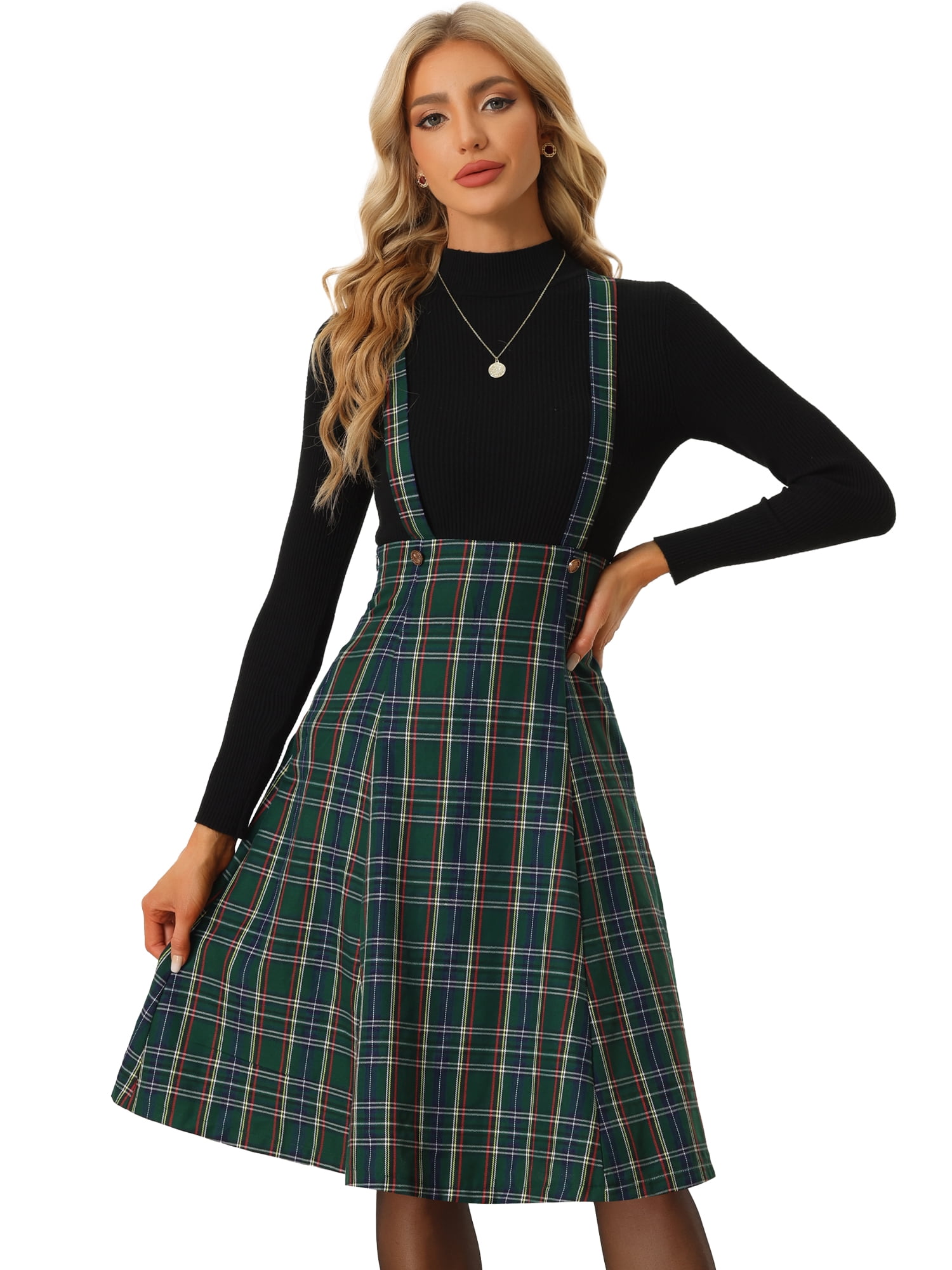 DARING DIVA Women's Tartan Pinafore Plaid Midi Suspender Skirt XL Green
