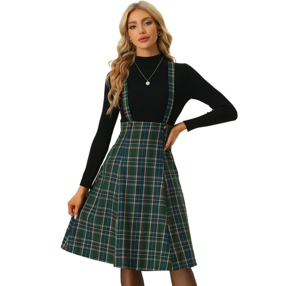 DARING DIVA Women's Tartan Pinafore Plaid Midi Suspender Skirt XS Green