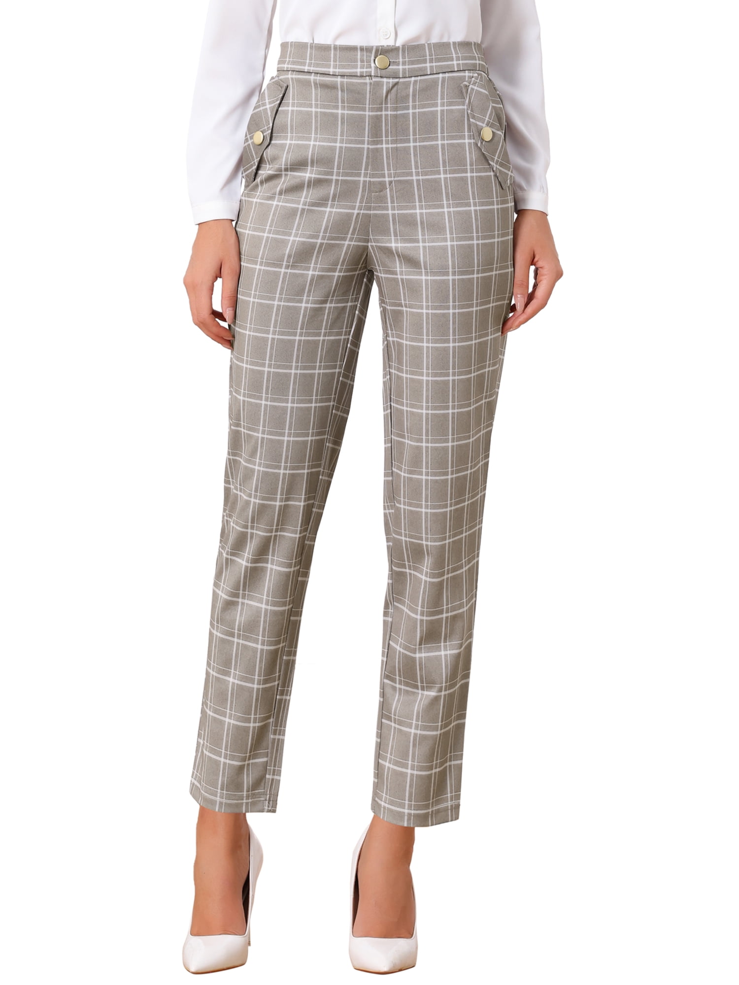 DARING DIVA Women's Tartan Plaid Pants Elastic Waist Straight Long Trousers L Tan