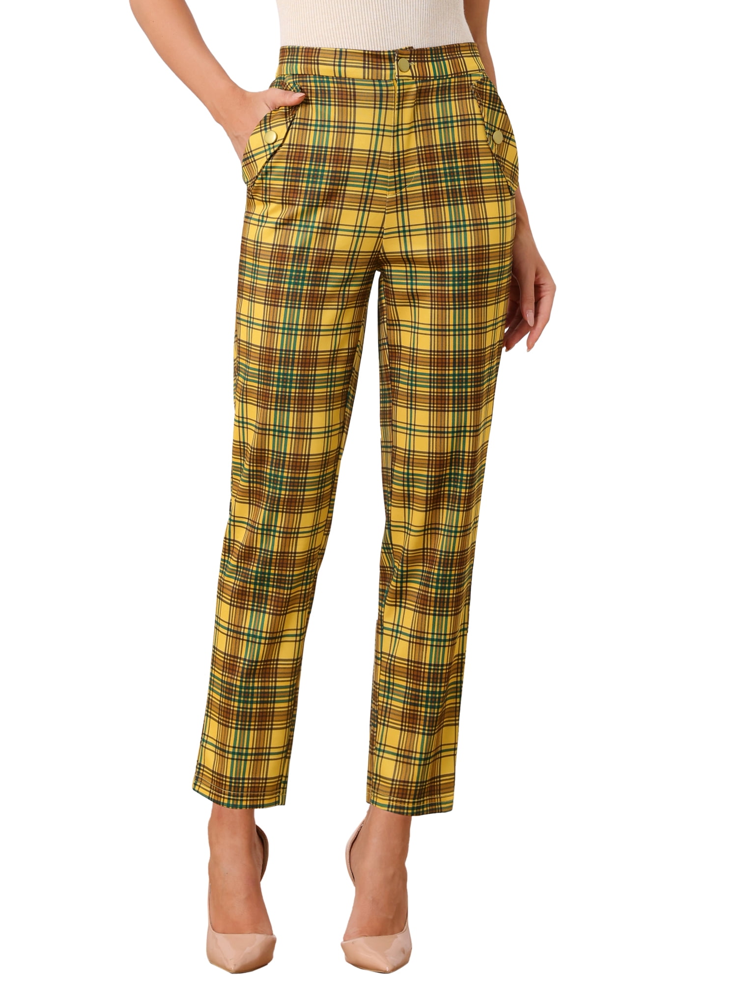 DARING DIVA Women's Tartan Plaid Pants Elastic Waist Straight Long Trousers L Yellow