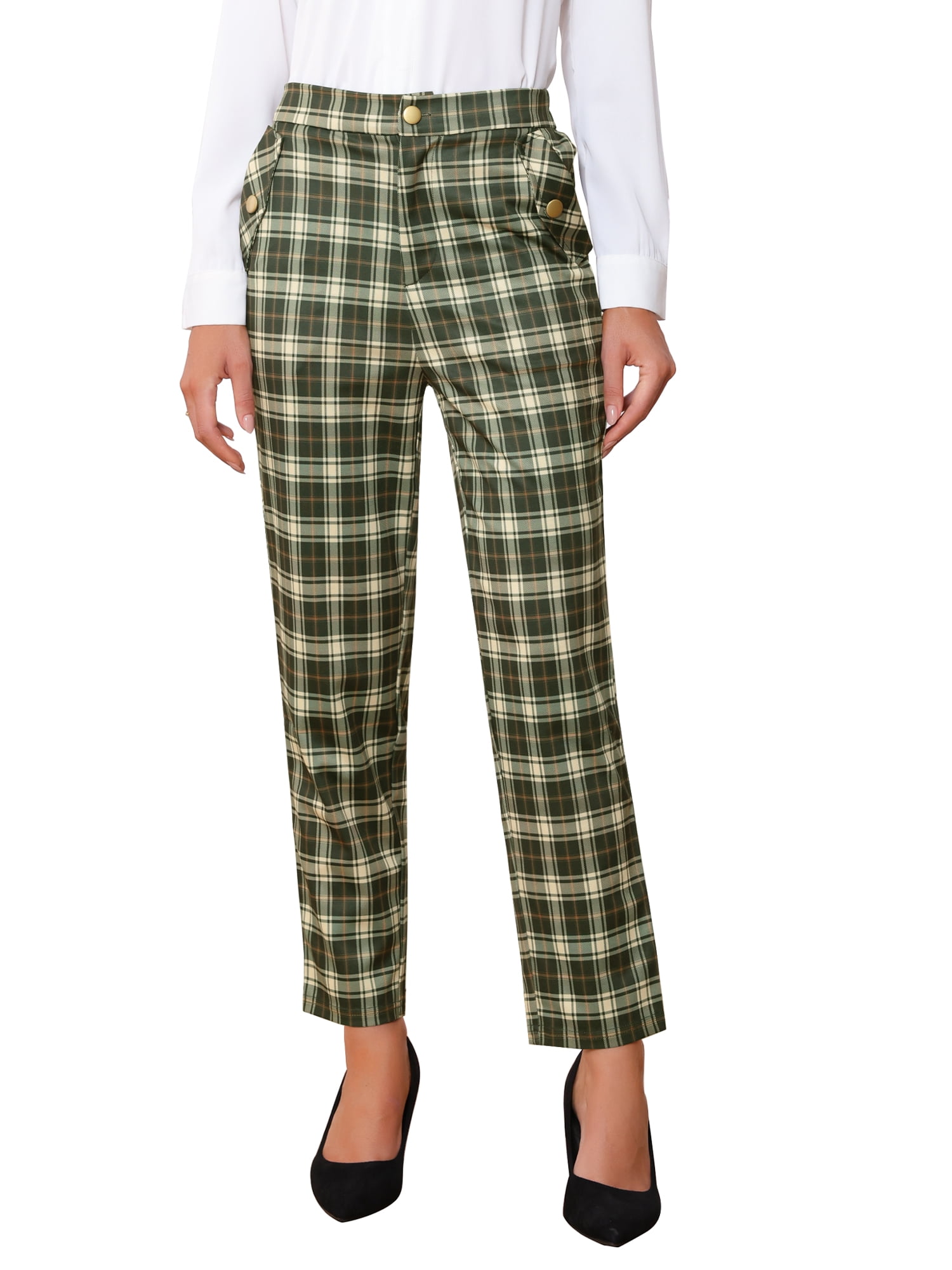 DARING DIVA Women's Tartan Plaid Pants Elastic Waist Straight Long Trousers XL Army Green