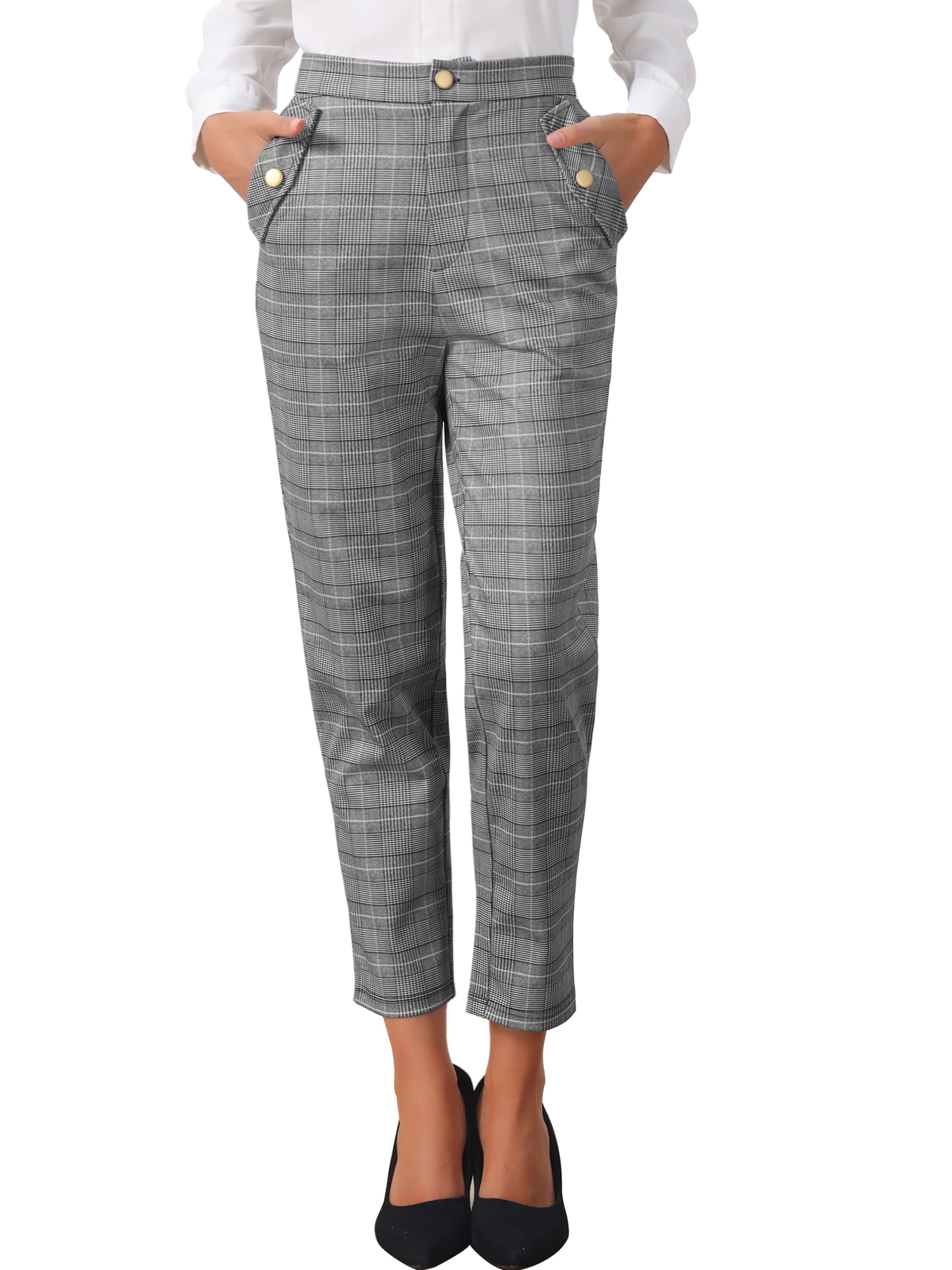 DARING DIVA Women's Tartan Plaid Pants Elastic Waist Straight Long Trousers XL Grey Black