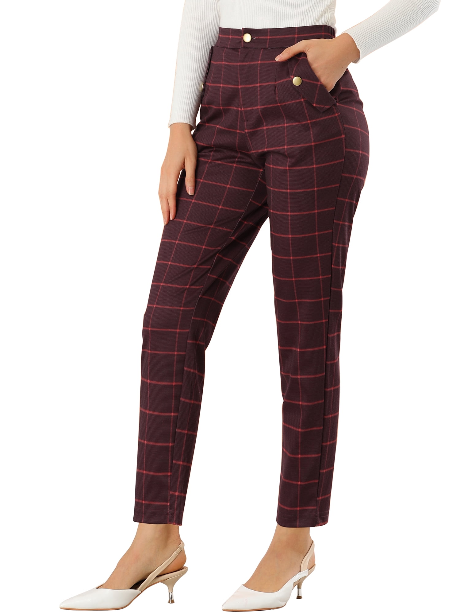 DARING DIVA Women's Tartan Plaid Pants Elastic Waist Straight Trousers 2XL Burgundy
