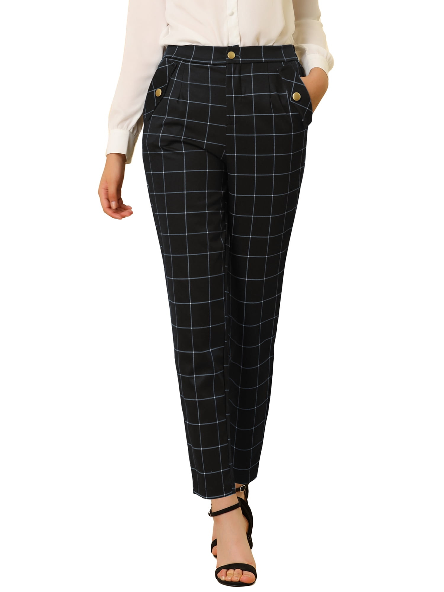 DARING DIVA Women's Tartan Plaid Pants Elastic Waist Straight Trousers L Black