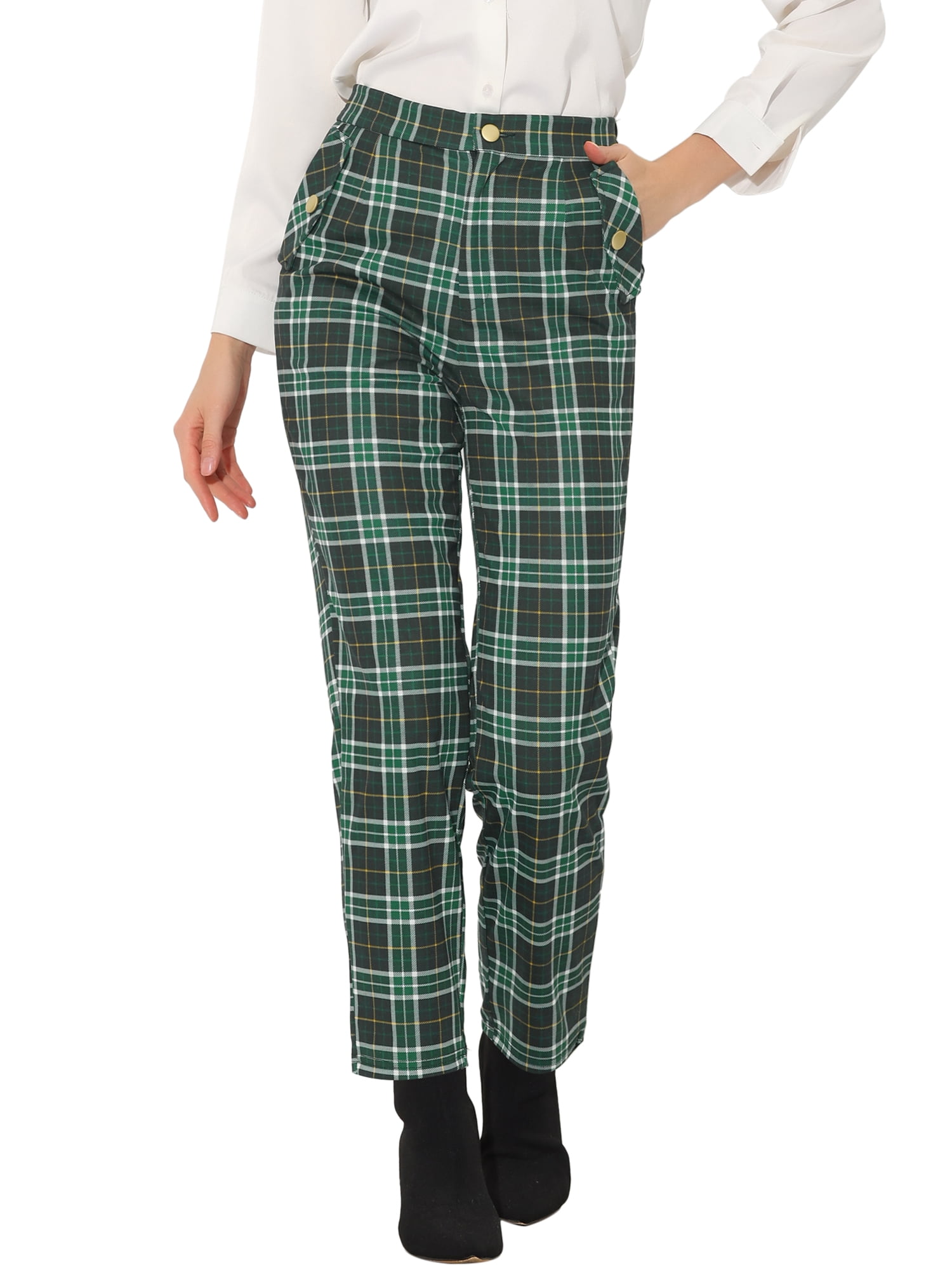 DARING DIVA Women's Tartan Plaid Pants Elastic Waist Straight Trousers L Green White
