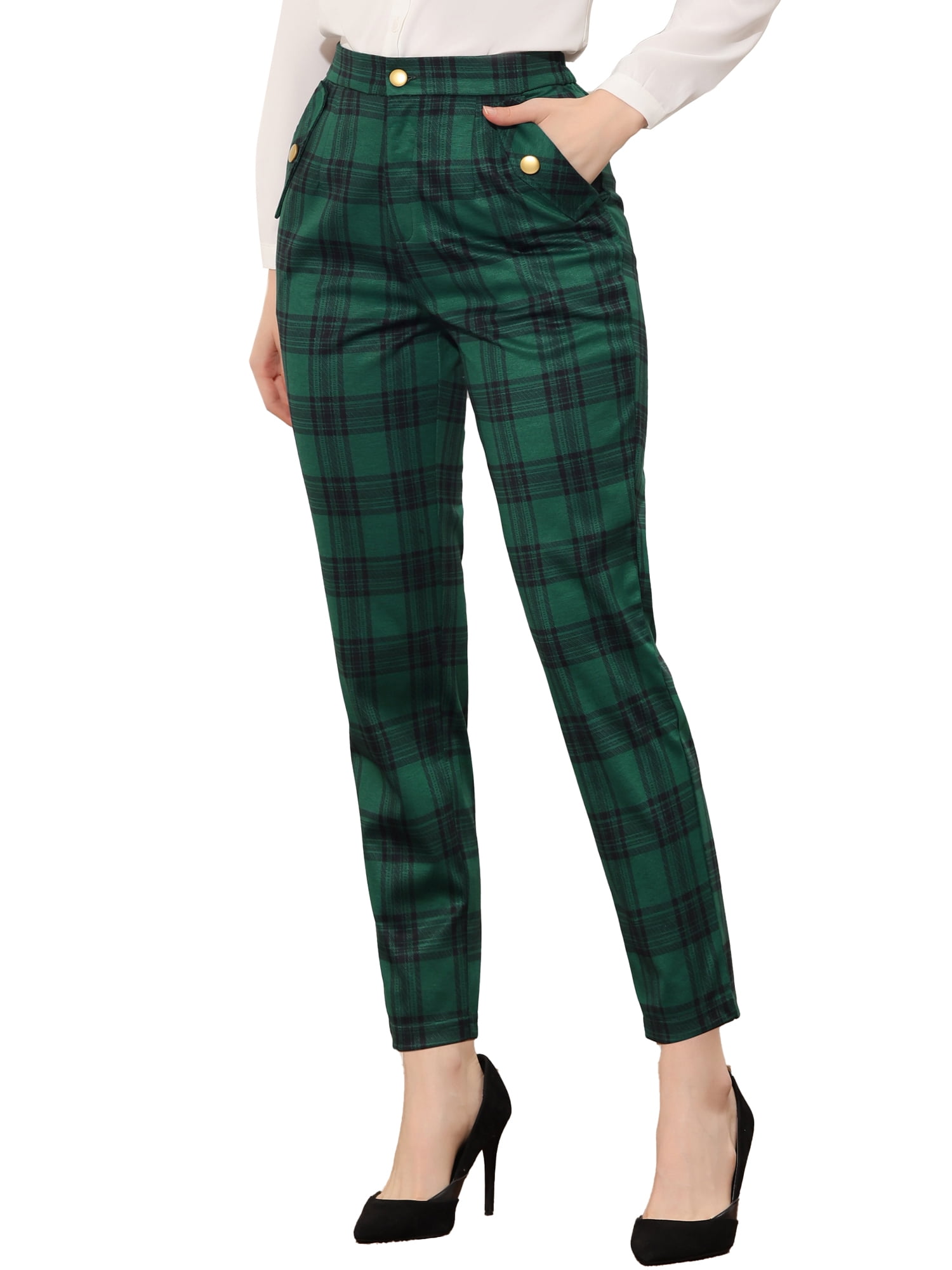DARING DIVA Women's Tartan Plaid Pants Elastic Waist Straight Trousers L Green