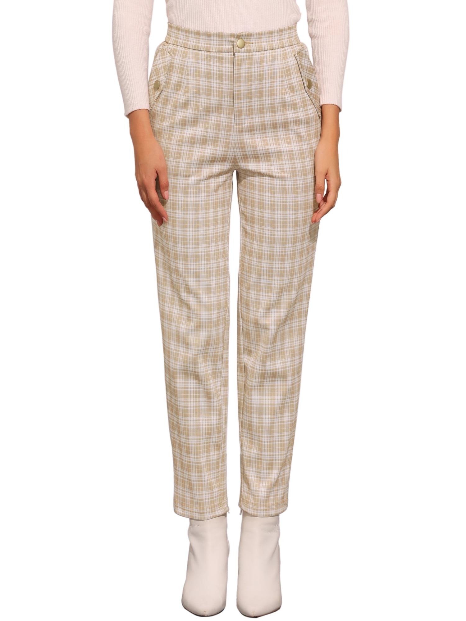 DARING DIVA Women's Tartan Plaid Pants Elastic Waist Straight Trousers L Khaki