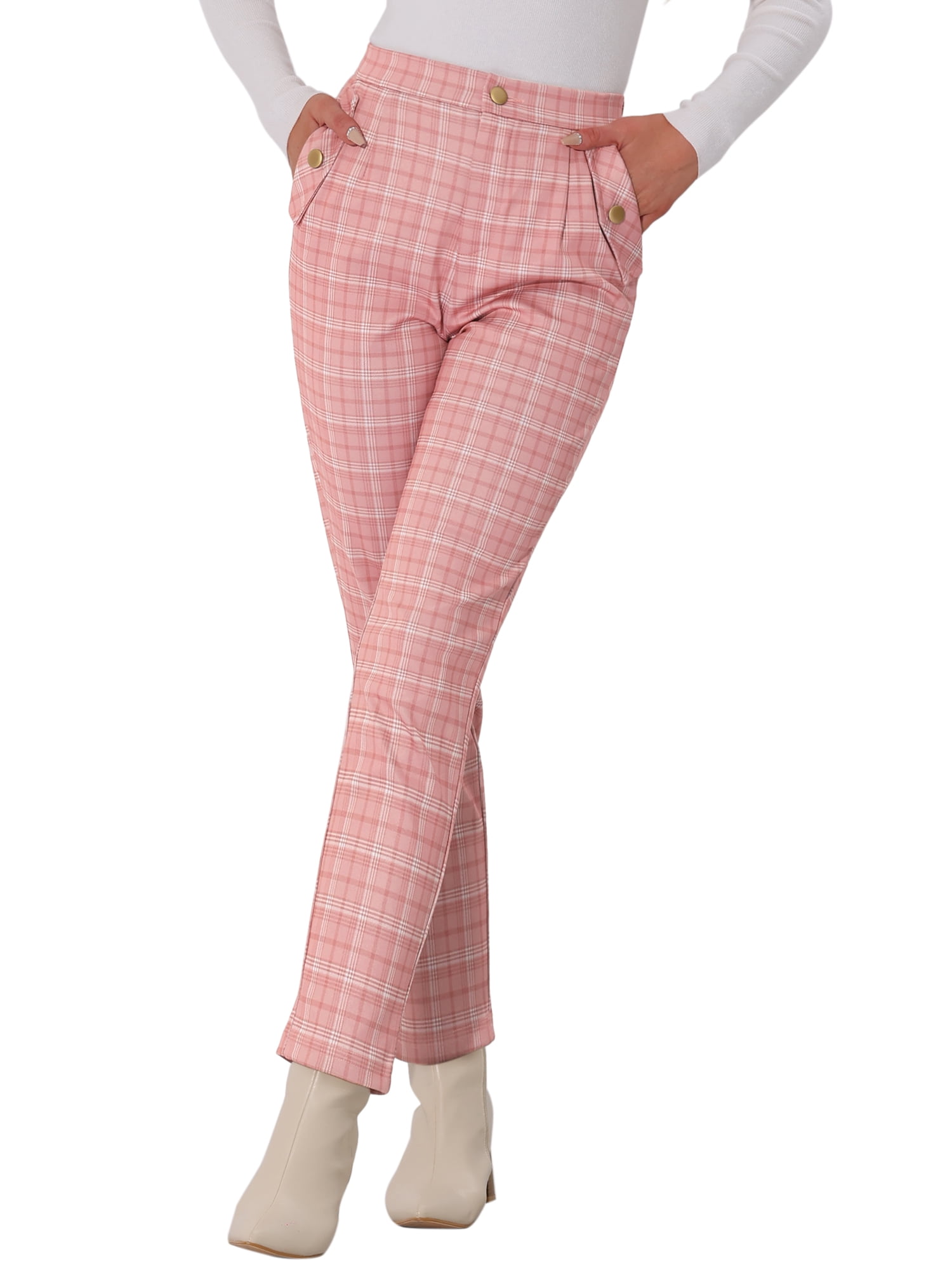 DARING DIVA Women's Tartan Plaid Pants Elastic Waist Straight Trousers L Pink