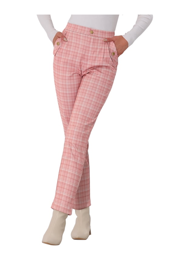 Women's Tartan Plaid Pants Elastic Waist Straight Trousers M Pink