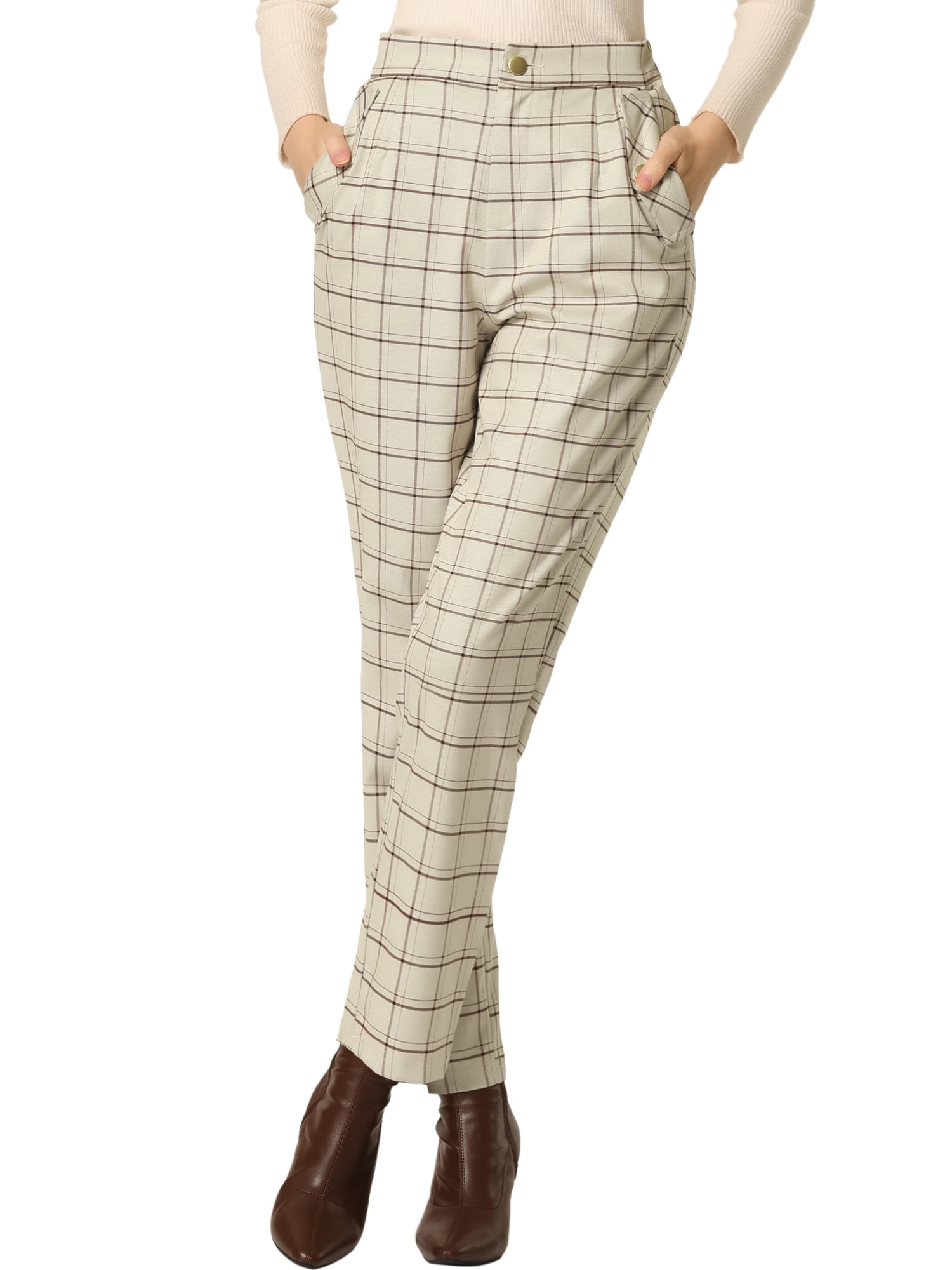 DARING DIVA Women's Tartan Plaid Pants Elastic Waist Straight Trousers S Beige