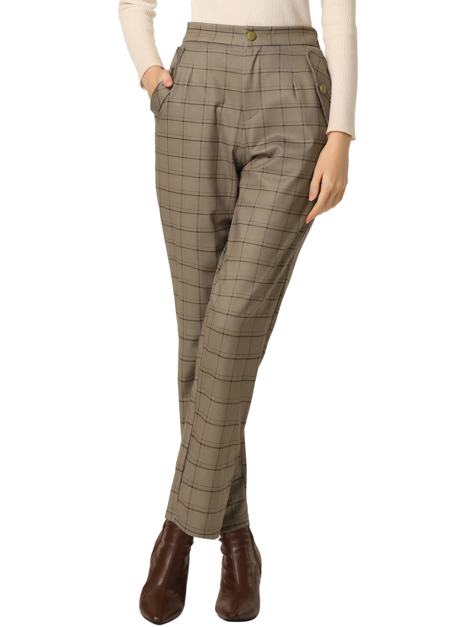 DARING DIVA Women's Tartan Plaid Pants Elastic Waist Straight Trousers S Camel