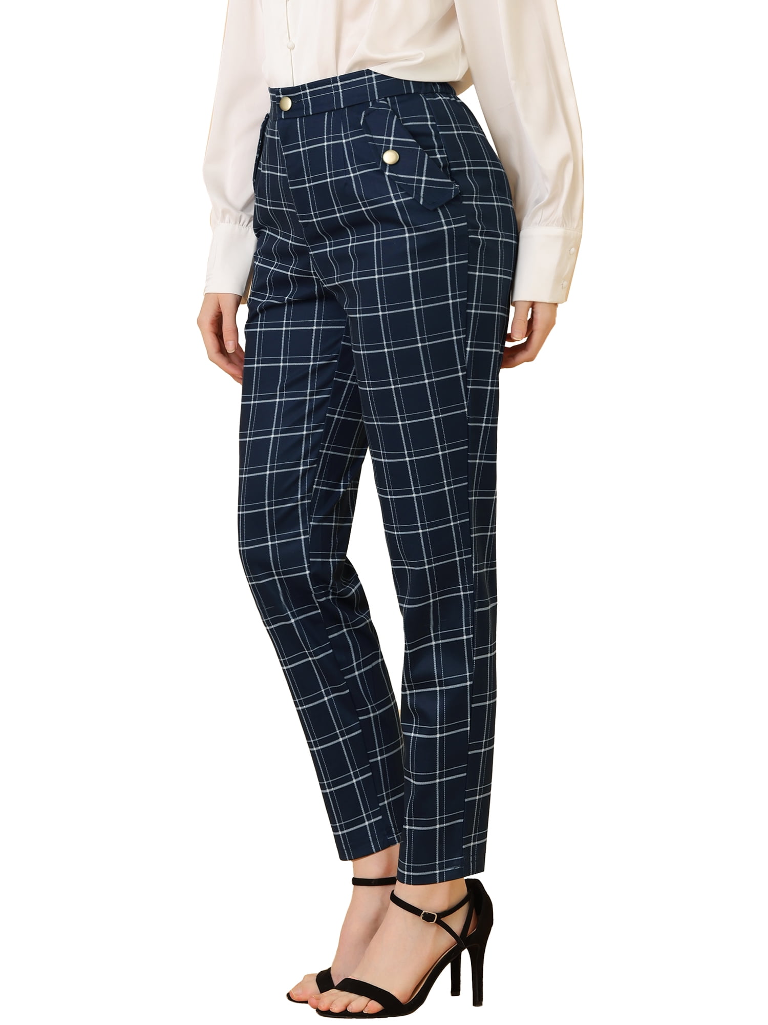 DARING DIVA Women's Tartan Plaid Pants Elastic Waist Straight Trousers S Dark Blue