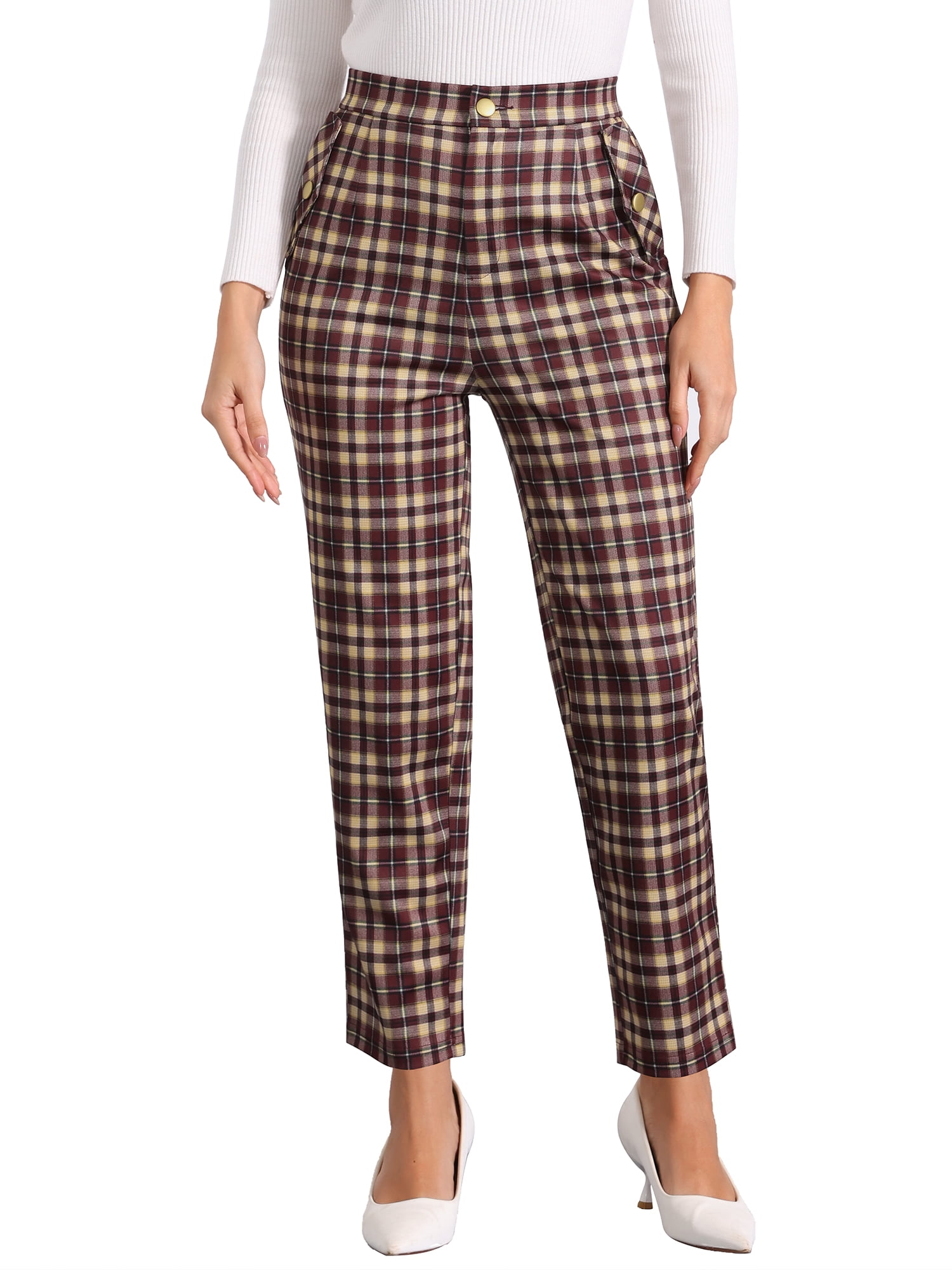 DARING DIVA Women's Tartan Plaid Pants Elastic Waist Straight Trousers S Wine Red Yellow