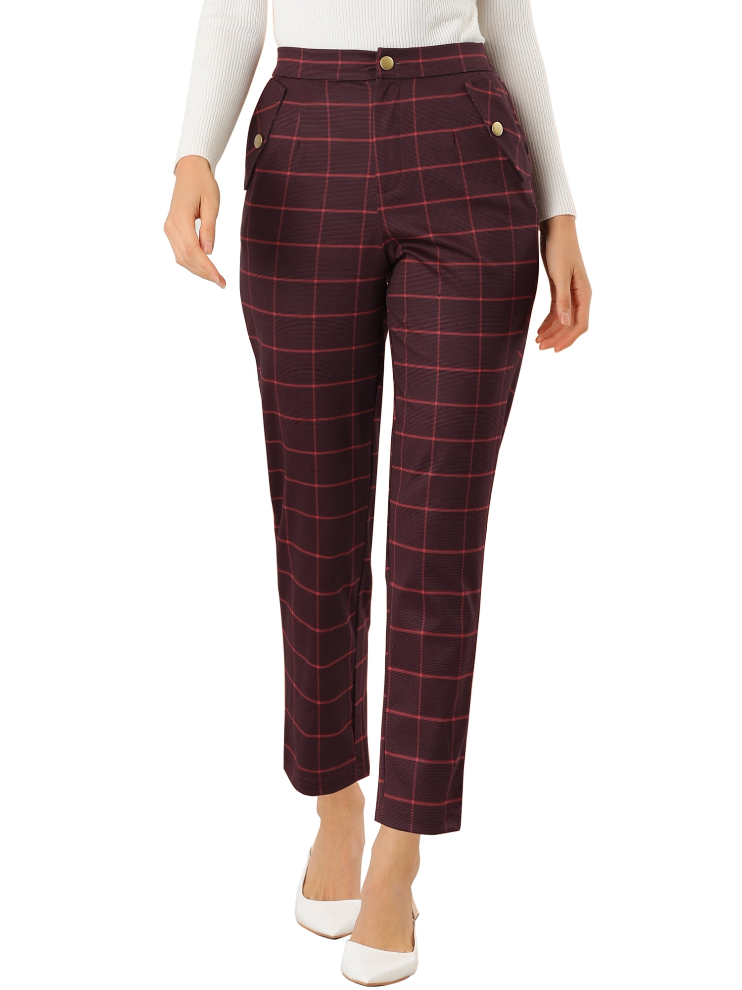 DARING DIVA Women's Tartan Plaid Pants Elastic Waist Straight Trousers XL Burgundy