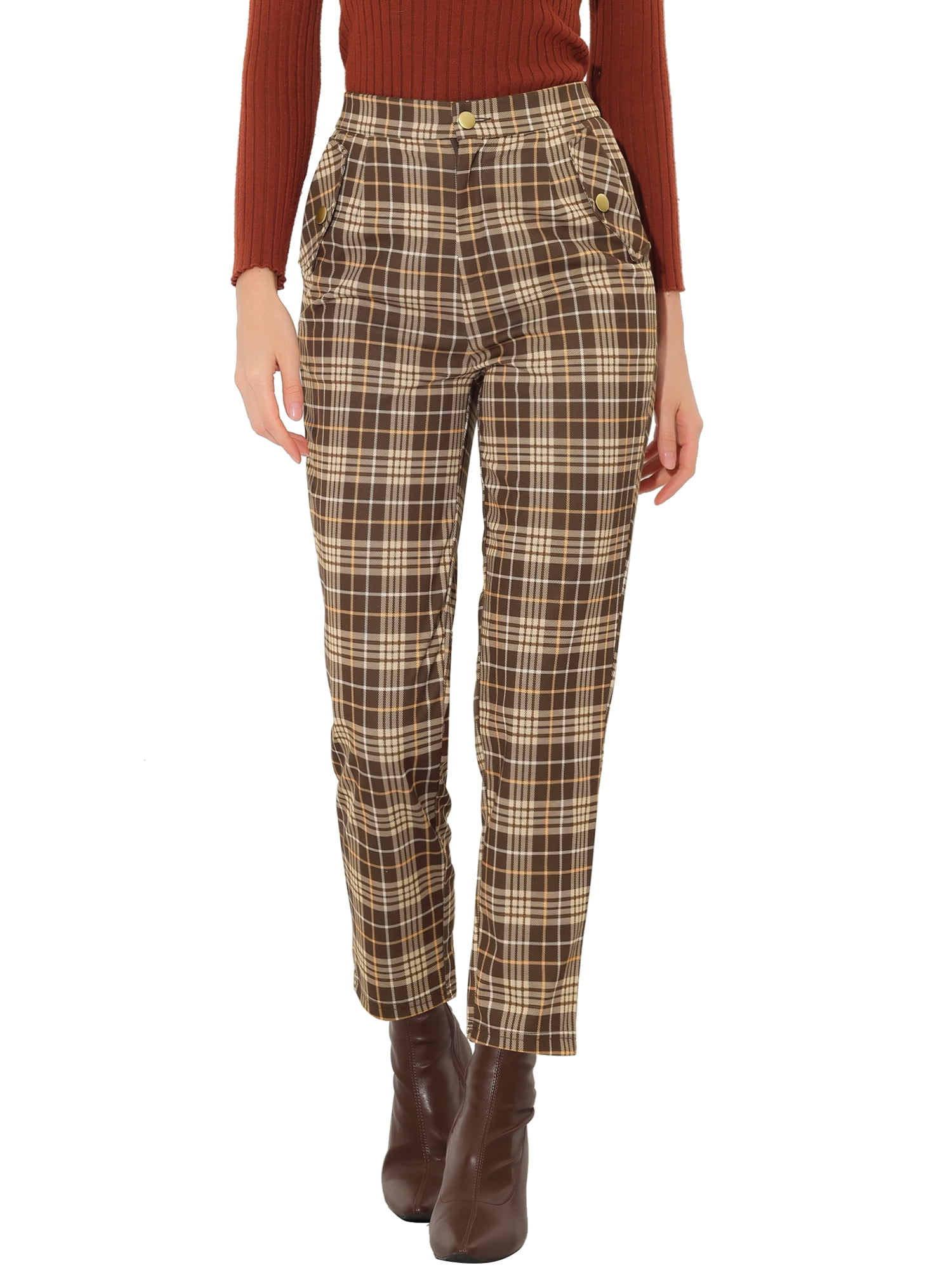 DARING DIVA Women's Tartan Plaid Pants Elastic Waist Straight Trousers XS Brown Beige